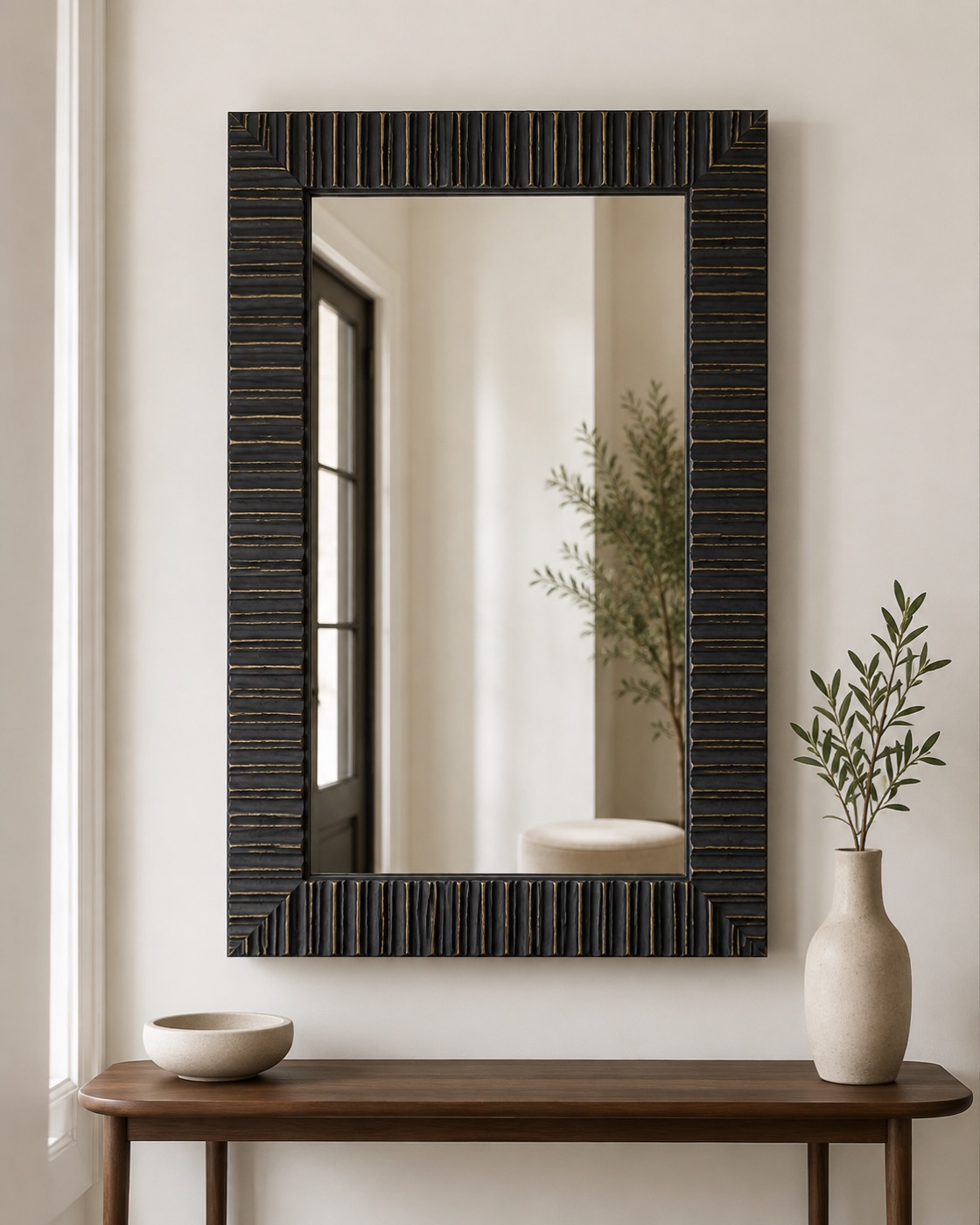 Ribbed black and brass polystyrene framed mirror concept