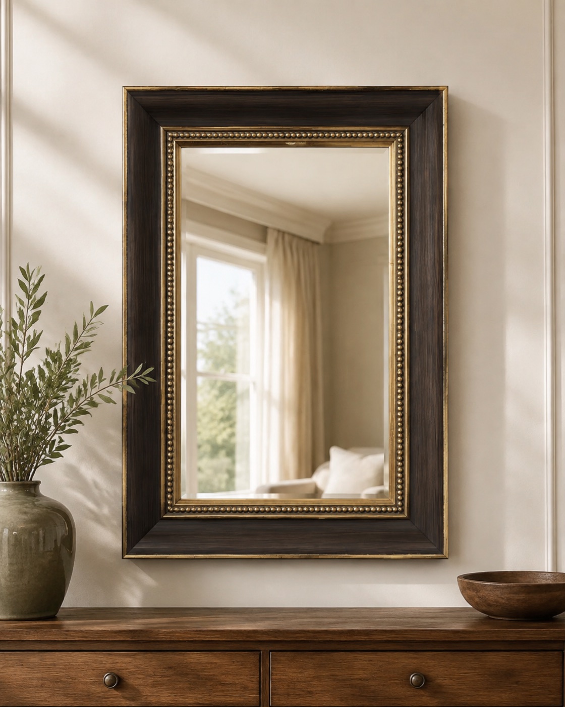 Walnut look and gold bead polystyrene framed mirror concept