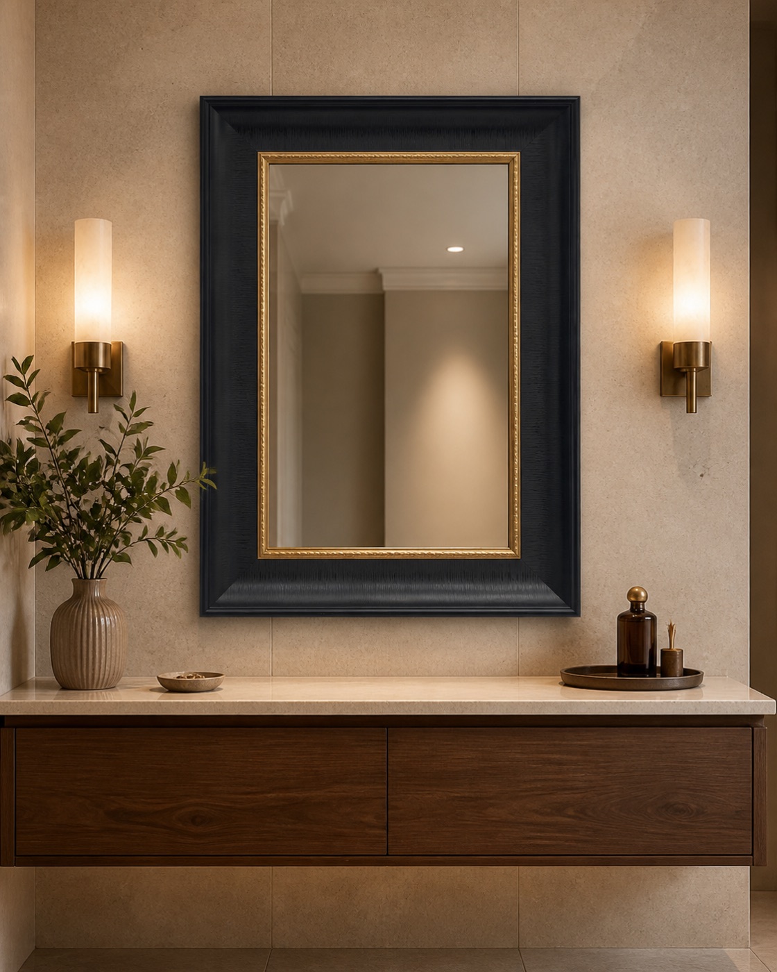 Wide black and gold polystyrene framed vanity mirror concept