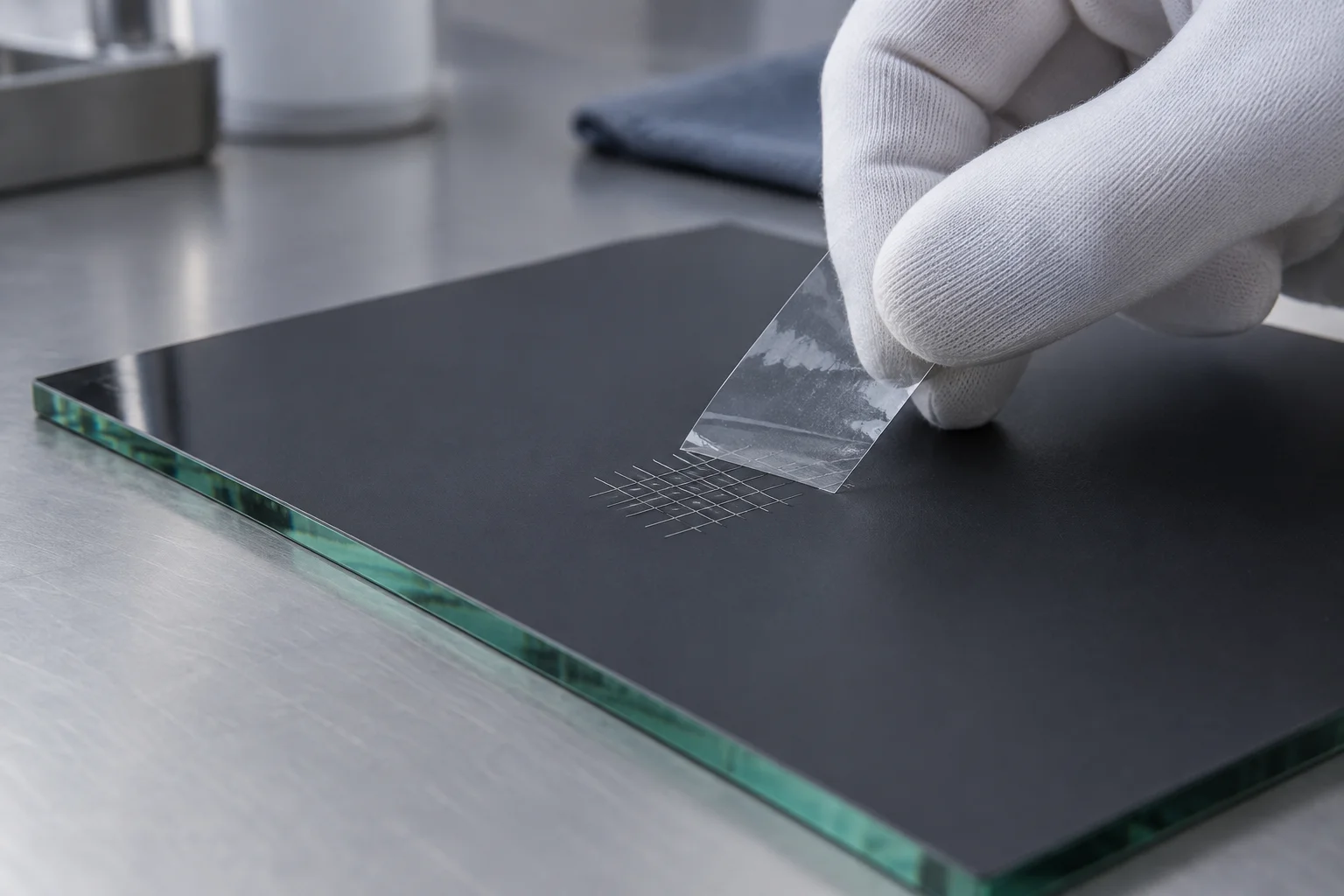 Illustrative close-up of adhesive tape being lifted from a cross-cut grid in mirror back paint