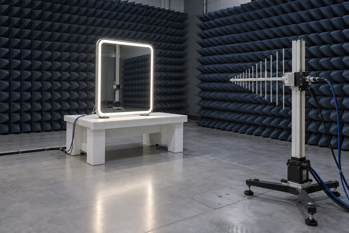 Illustrative electromagnetic compatibility test setup for a lighted mirror