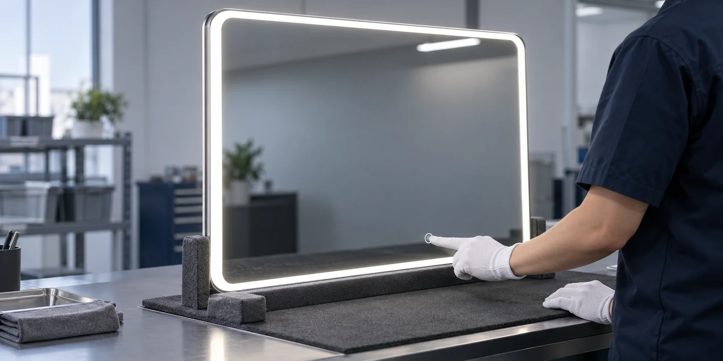 AI illustration of a gloved inspector checking the touch control on a lighted mirror