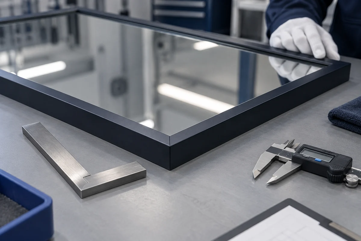 AI illustration of a gloved inspector checking a dark metal mirror frame corner