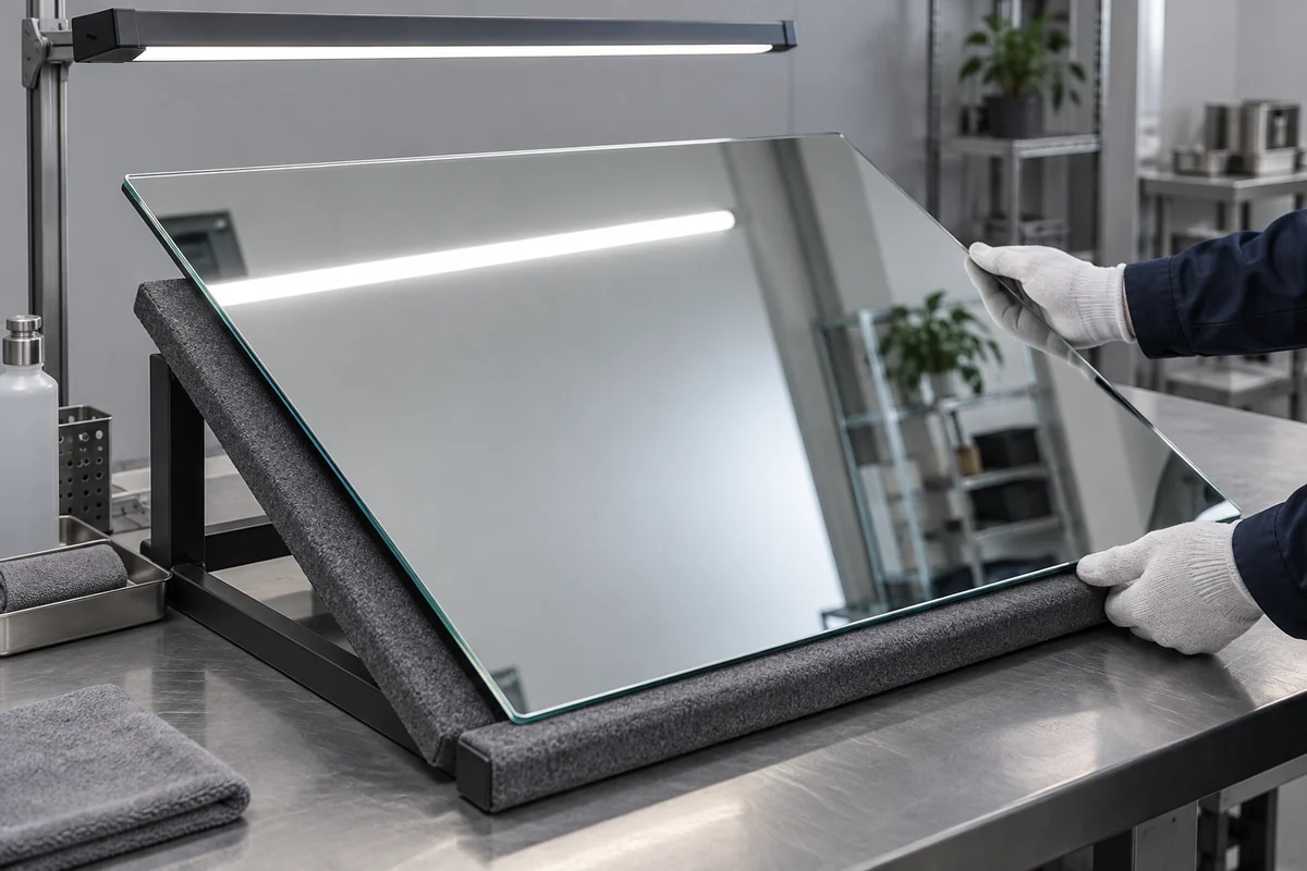 AI illustration of a frameless mirror pane on a padded inspection stand