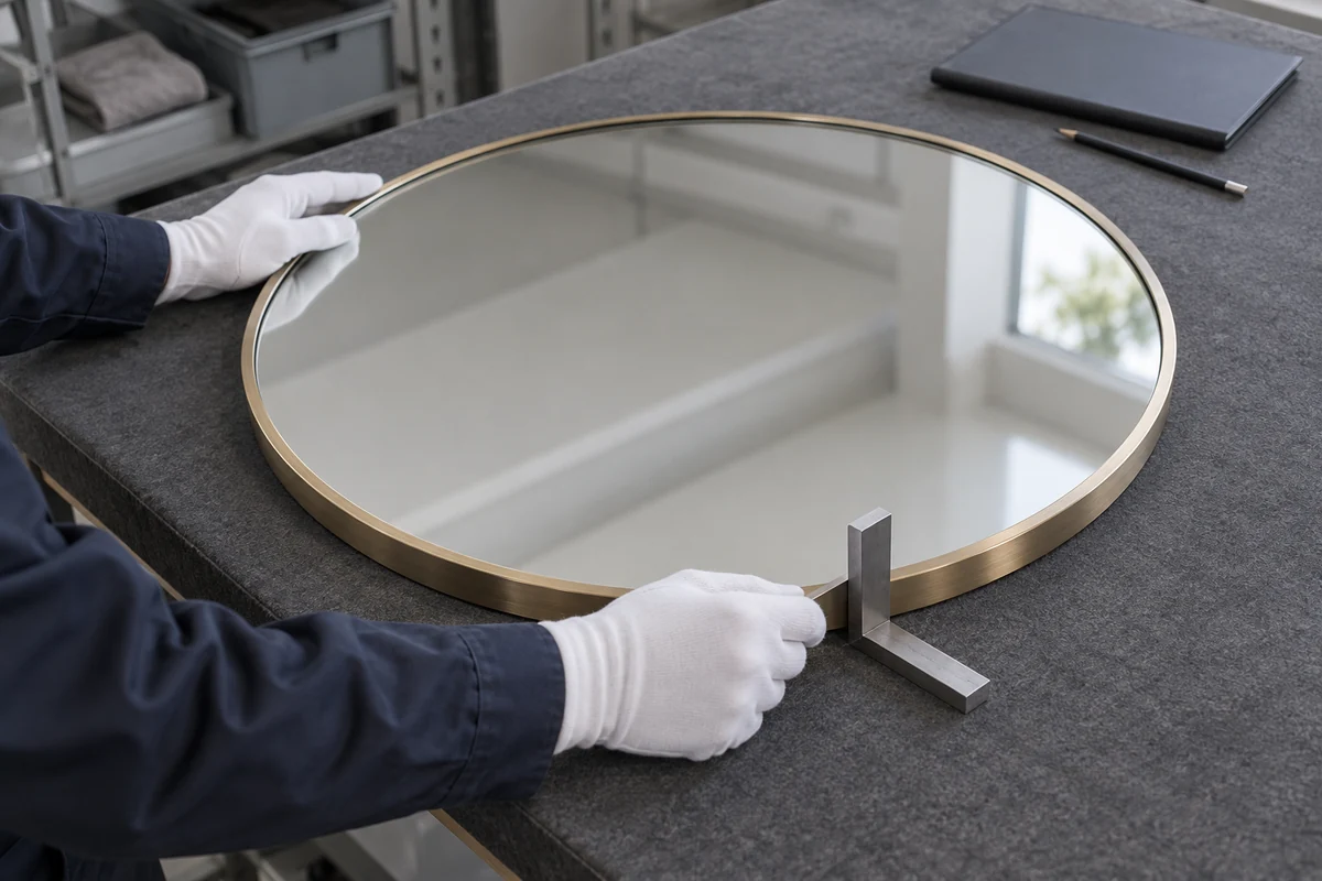 Gloved hands checking the frame fit of a round mirror on a padded workbench