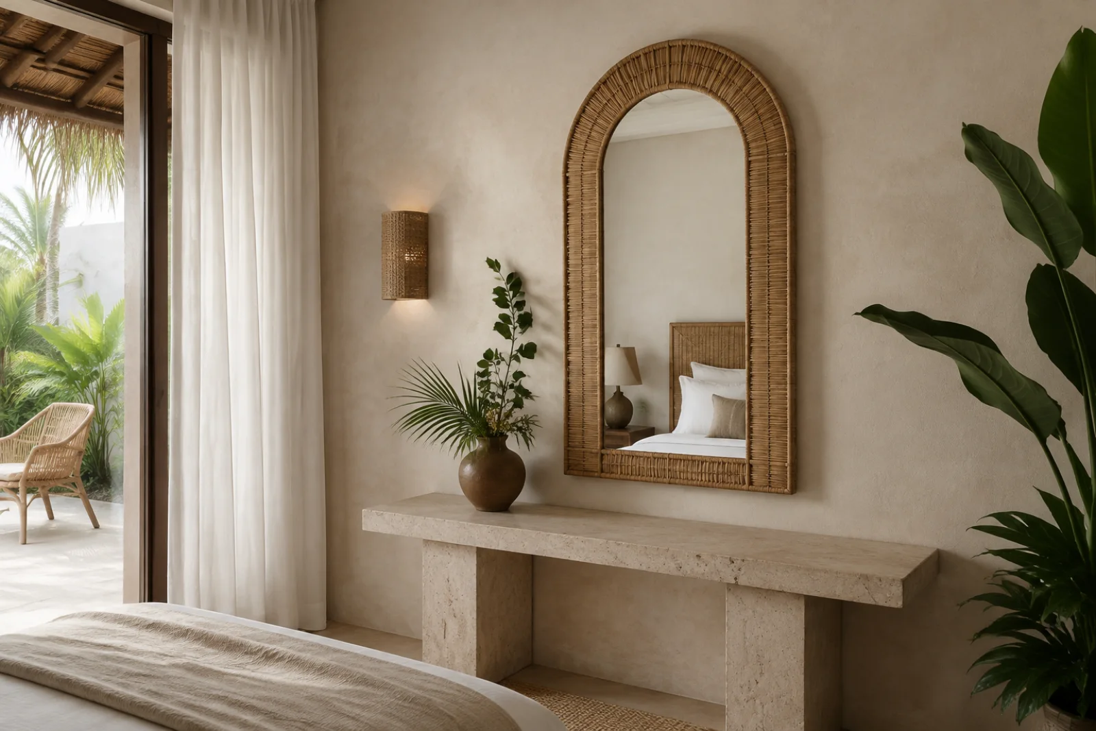 Arched rattan framed mirror in a warm boutique hospitality interior