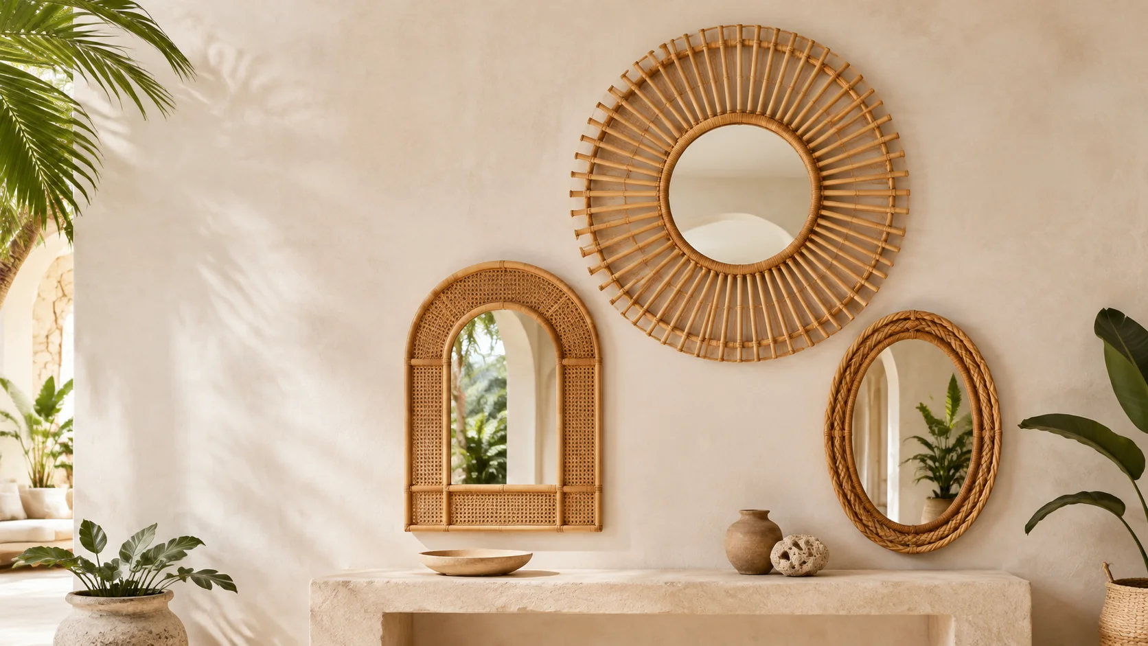 Design visualization showing round, arched and oval rattan framed mirrors in a warm resort interior