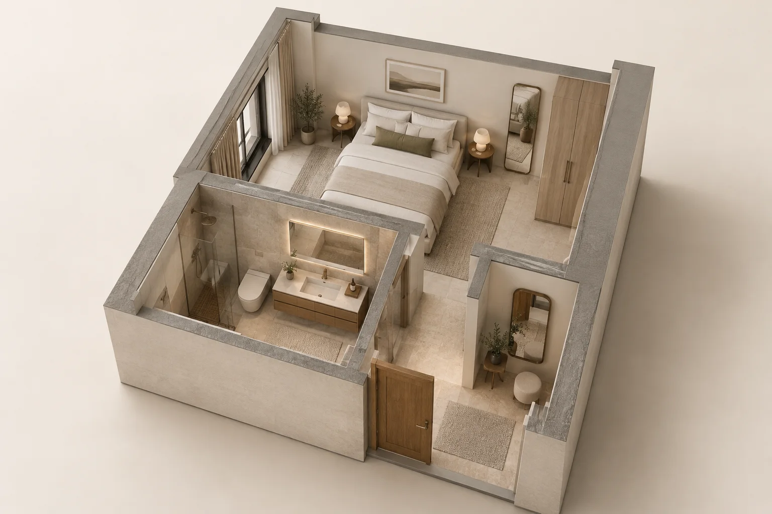 Architectural cutaway concept showing bathroom, bedroom and entry mirror locations in an apartment