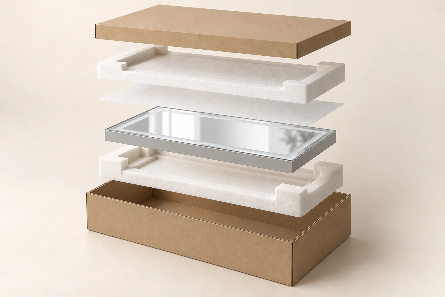 Exploded 3D packaging concept with an assembled LED bathroom mirror, fitted protective trays, surface interleaf and outer carton