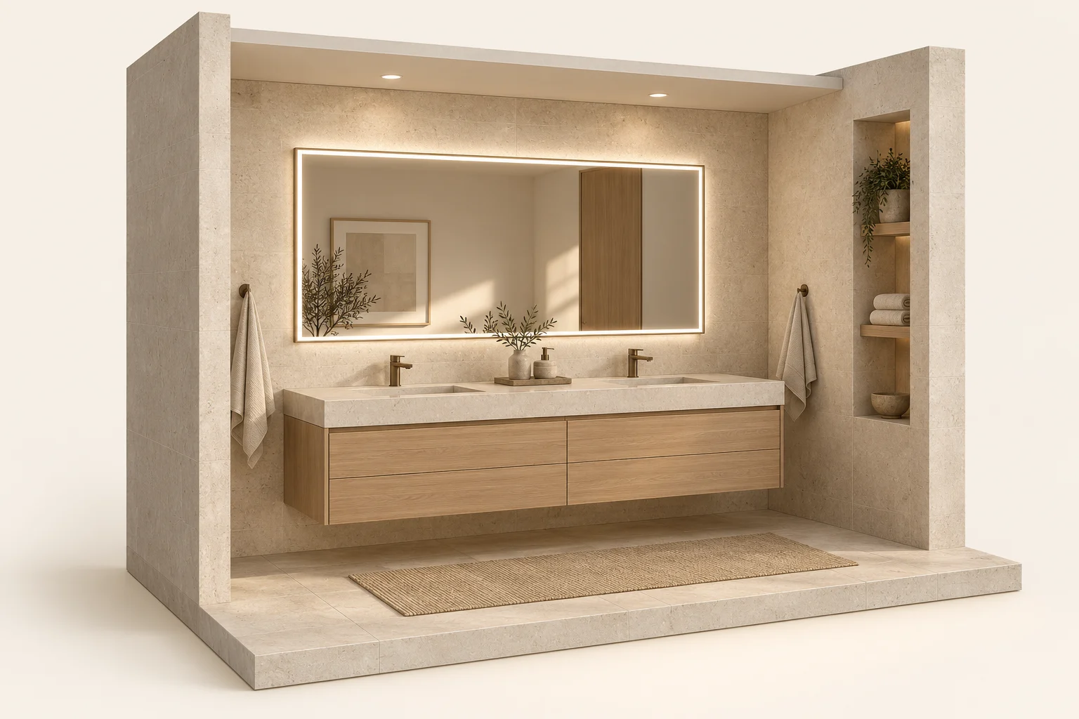 Residential bathroom design concept with a wide illuminated mirror over a double vanity
