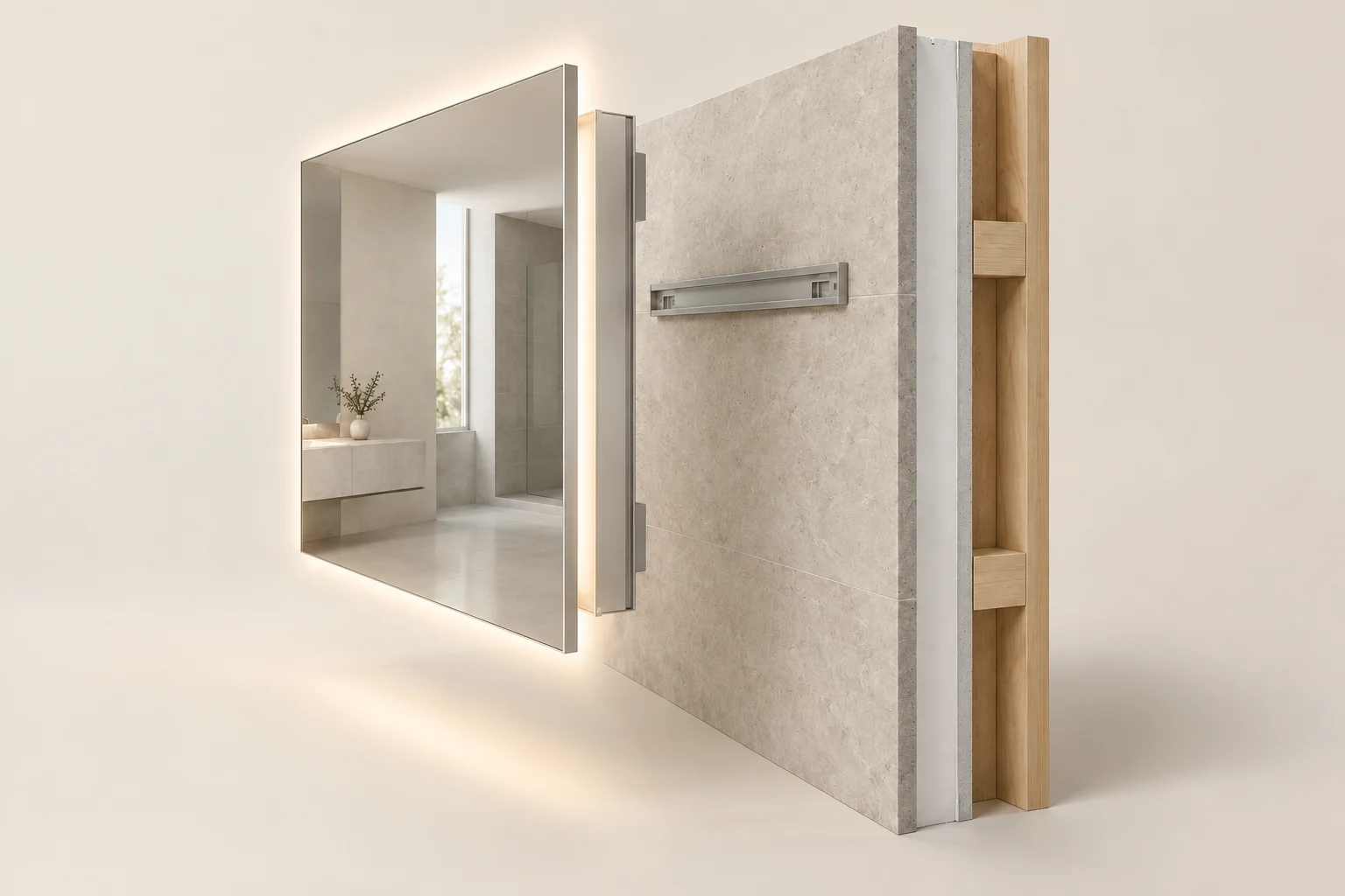 Exploded 3D concept showing an illuminated mirror separated from a wall mockup with mounting and service coordination zones