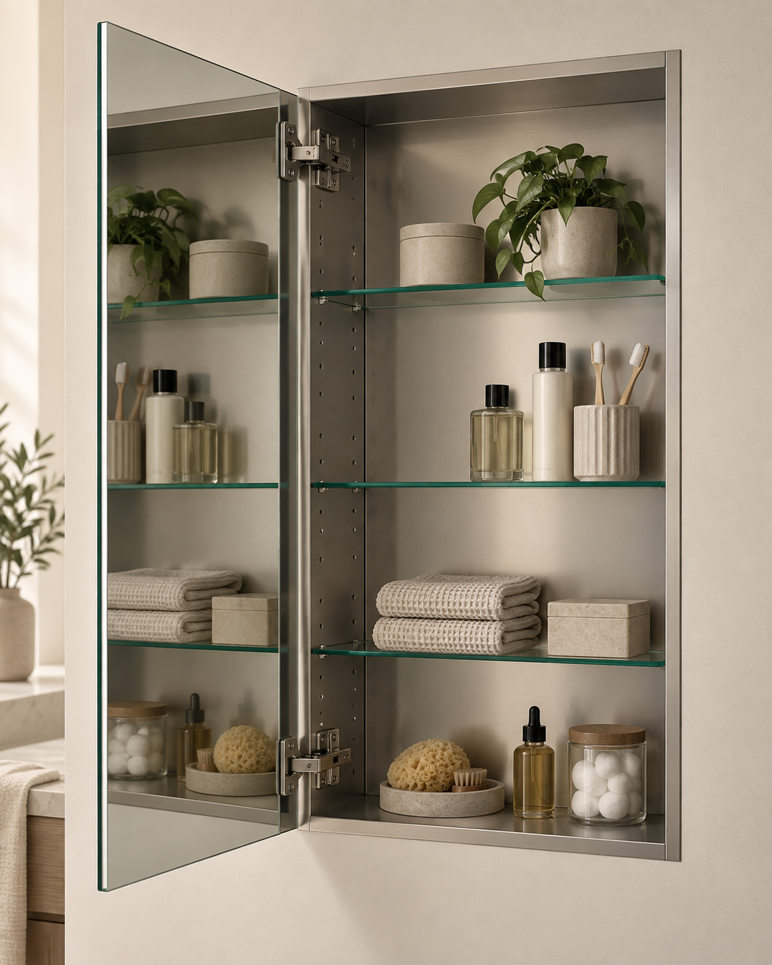 Recessed medicine cabinet interior with adjustable glass shelves