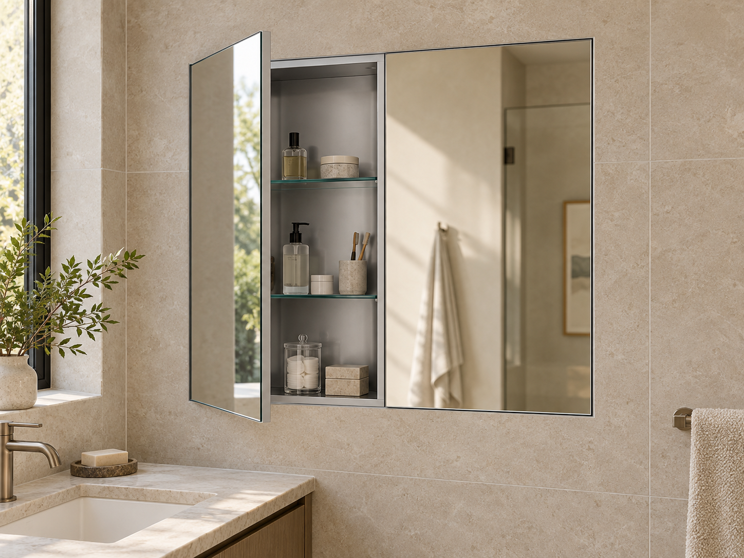 Double-door recessed mirrored medicine cabinet direction