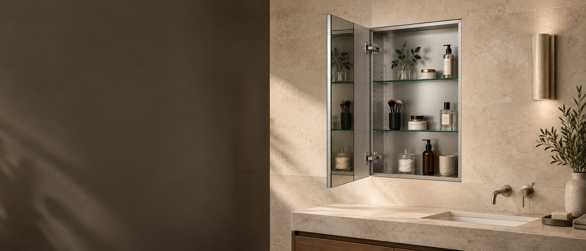 Open recessed mirrored medicine cabinet built flush into a warm stone bathroom wall