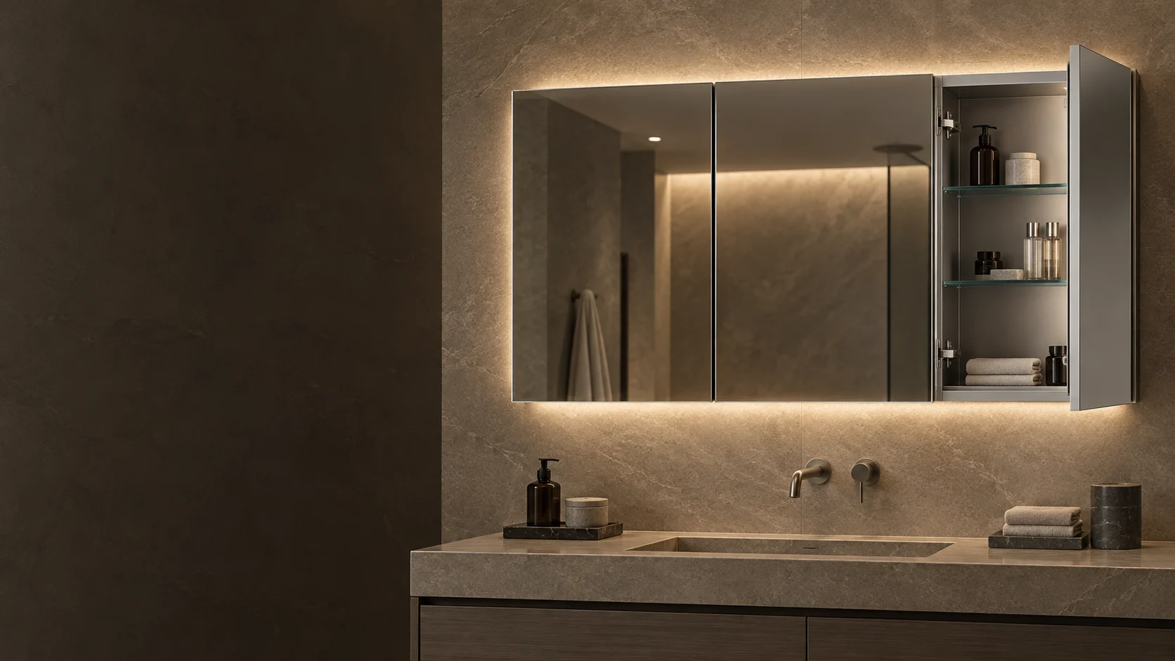 Wide three-door rectangular LED medicine cabinet with open storage and mirror-face lighting