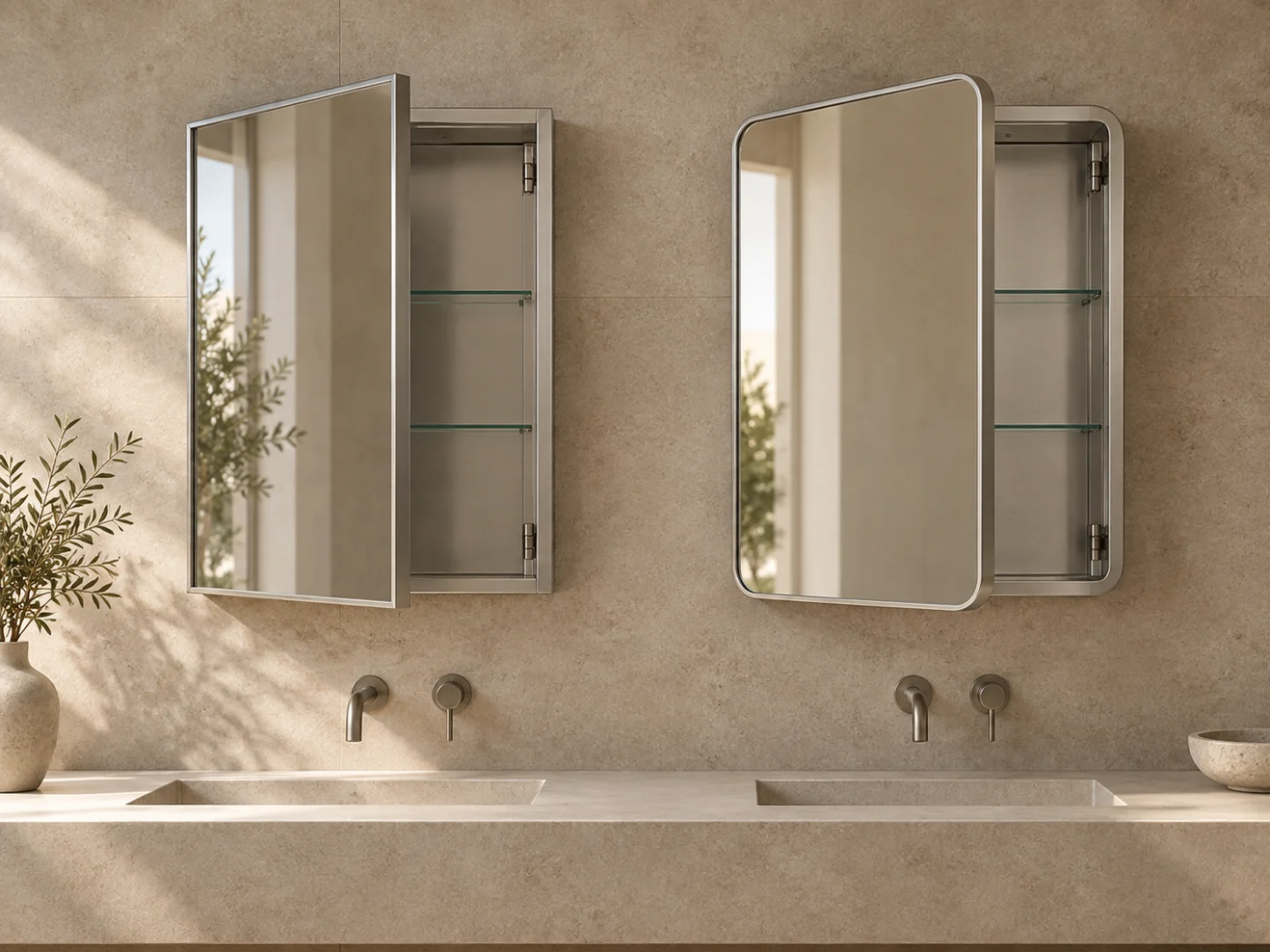 Square-corner and rounded-rectangle mirrored medicine cabinets shown side by side