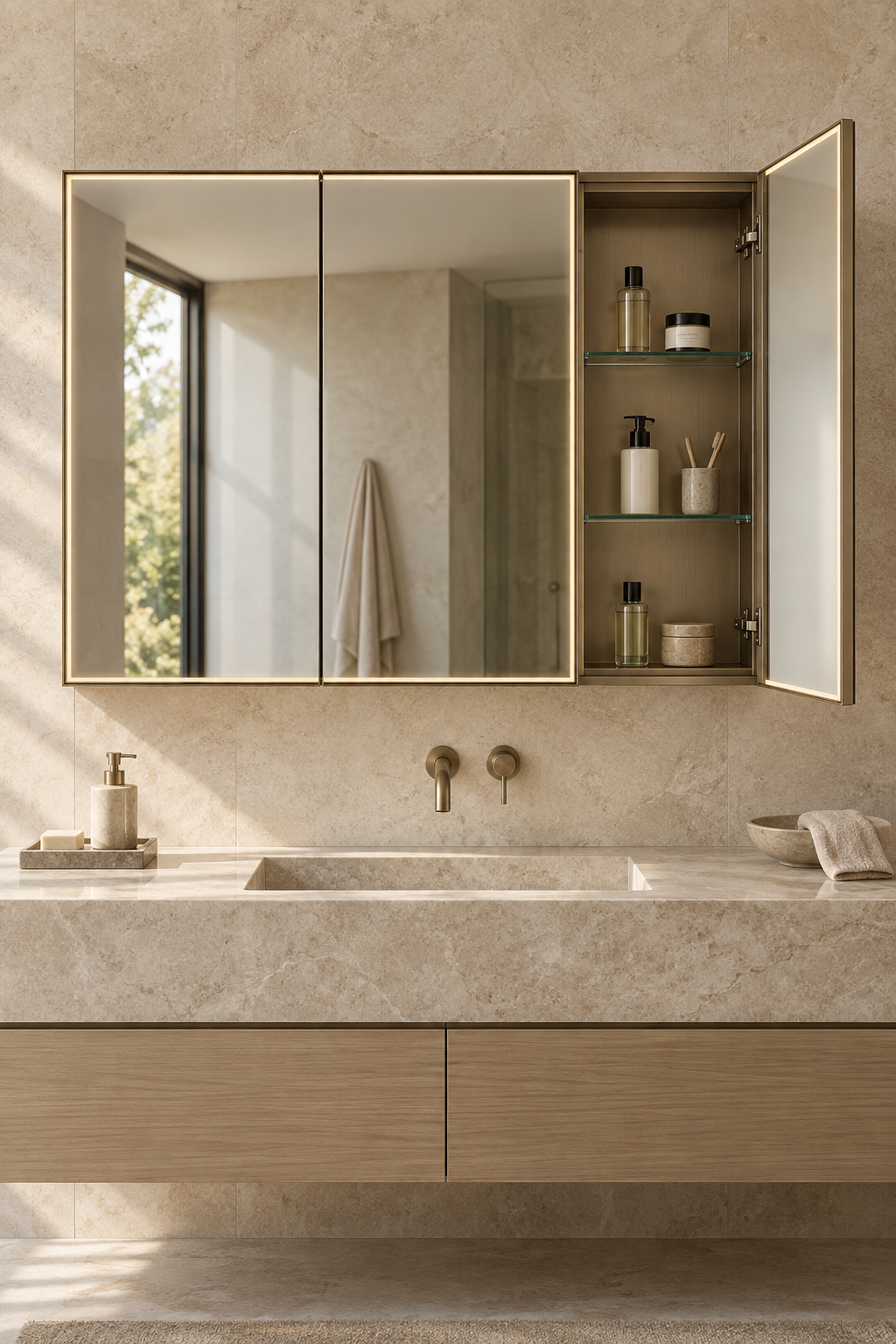 Three-door rectangular mirrored medicine cabinet with right door open