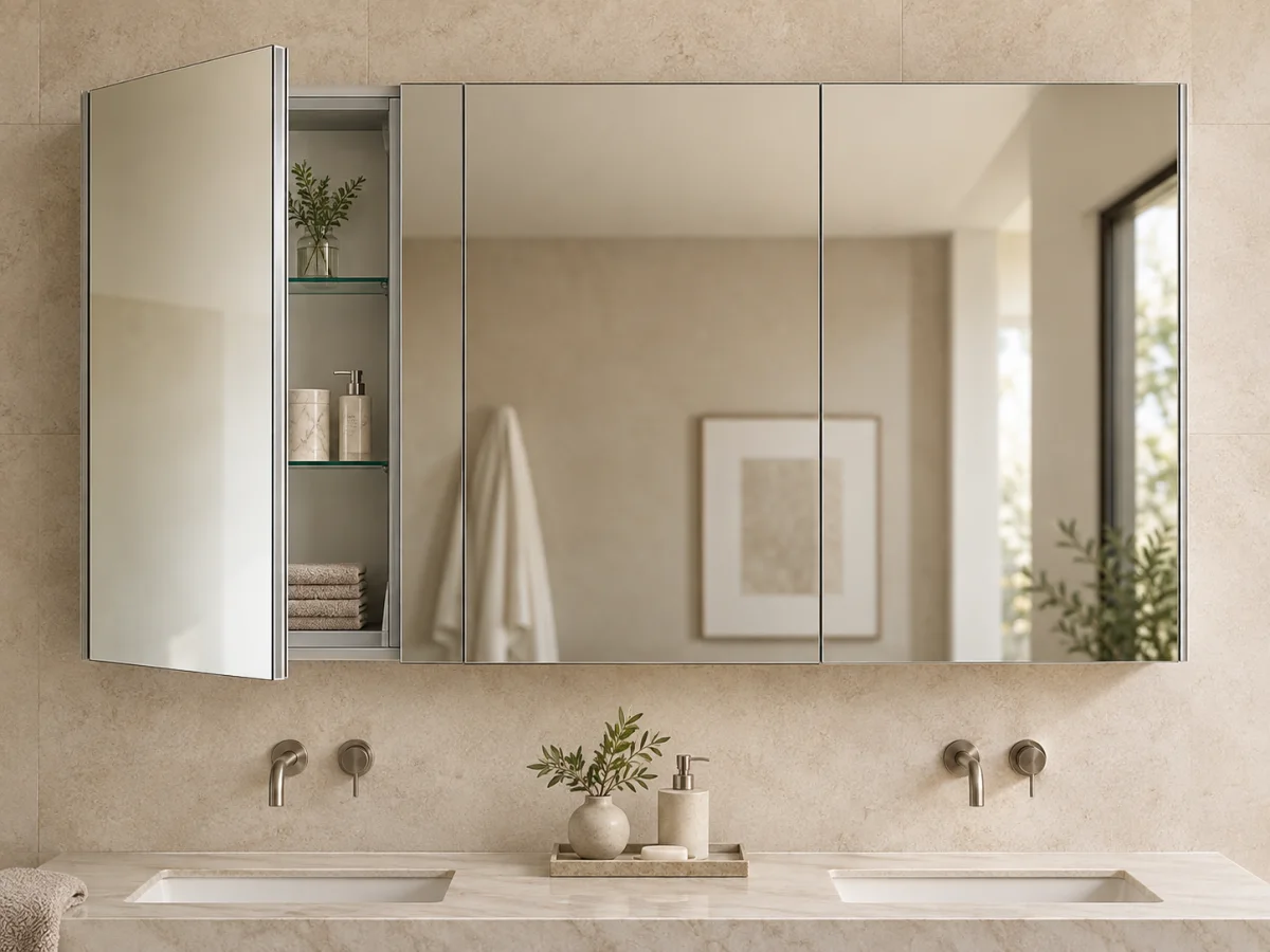 Three door wide rectangular medicine cabinet