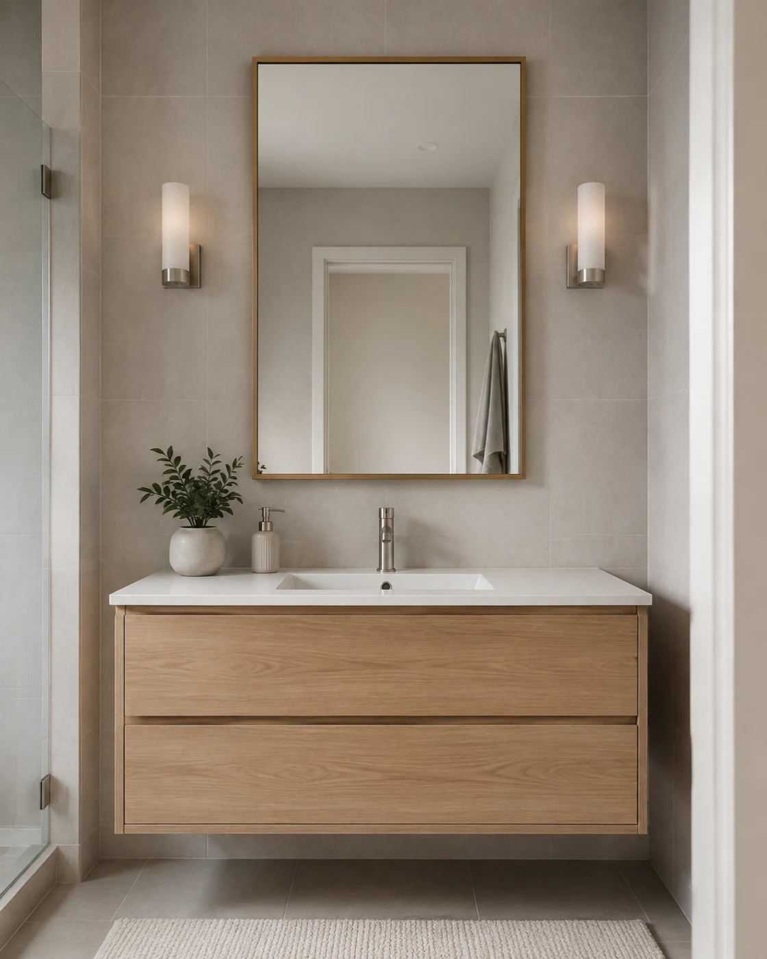 Framed portrait rectangular mirror in an apartment bathroom