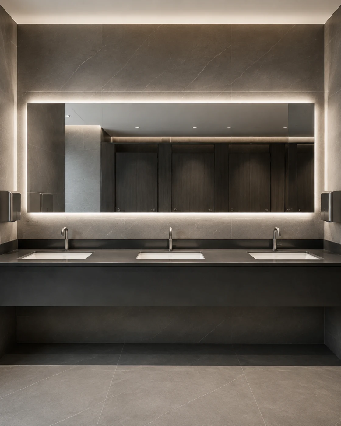 Wide illuminated rectangular mirror in a commercial washroom