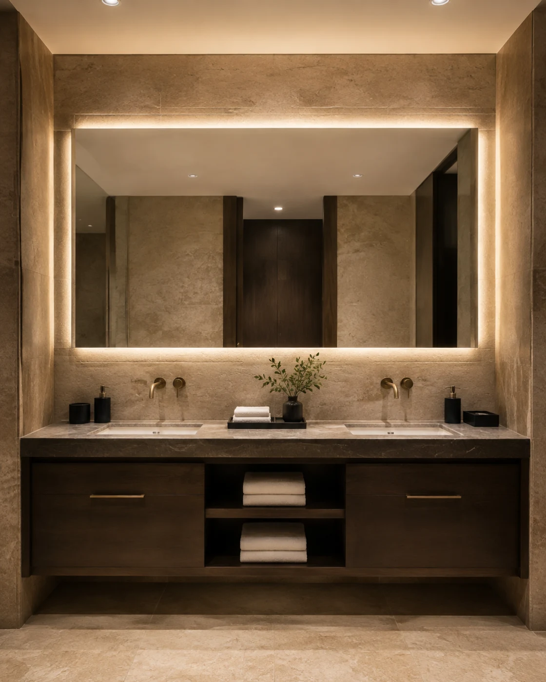 Backlit rectangular mirror above a hotel double vanity