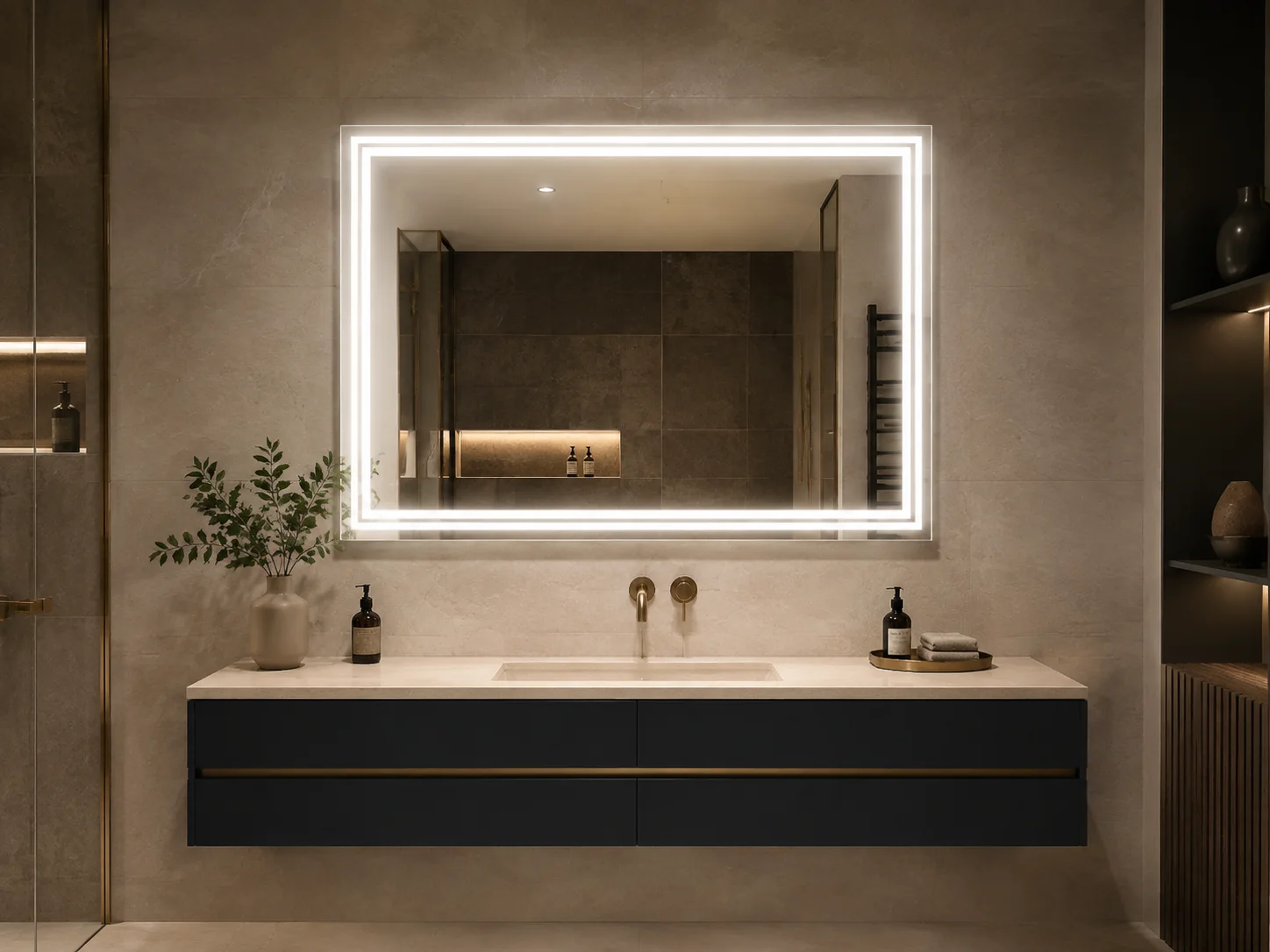 Front-lit rectangular LED bathroom mirror