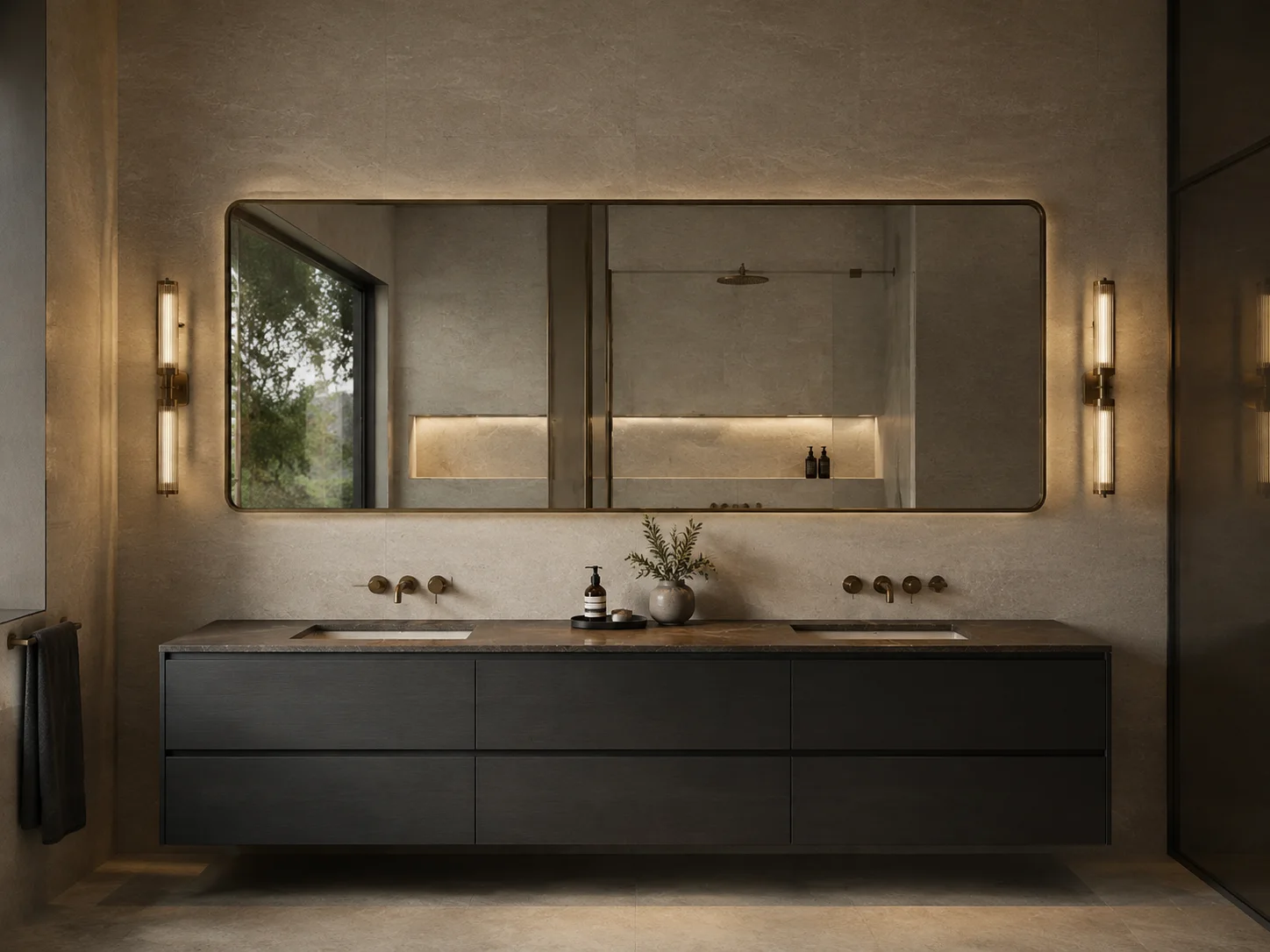 Wide custom rectangular mirror above a double vanity