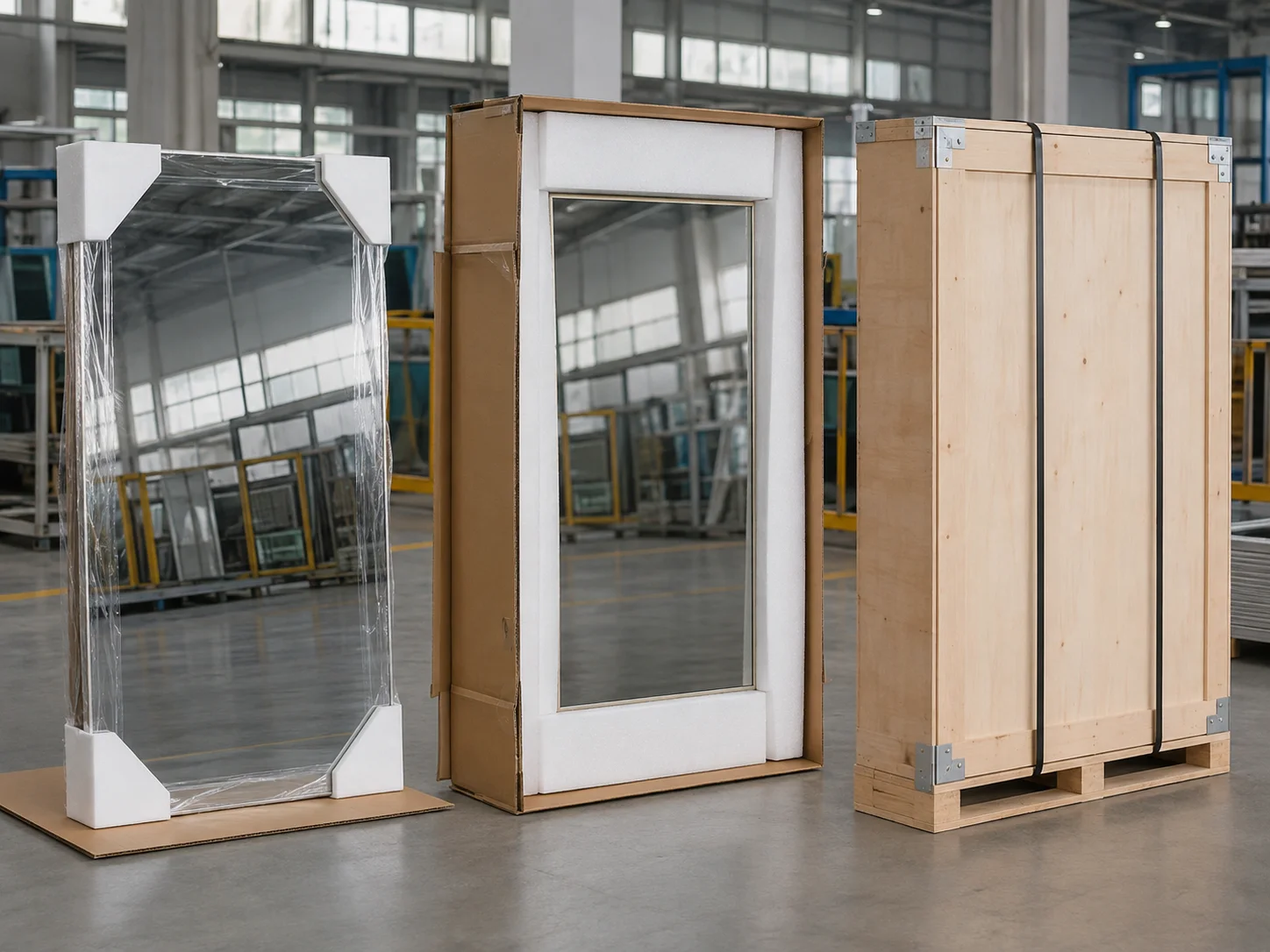Rectangular mirror with protective film, corner guards, foam, carton and export crate