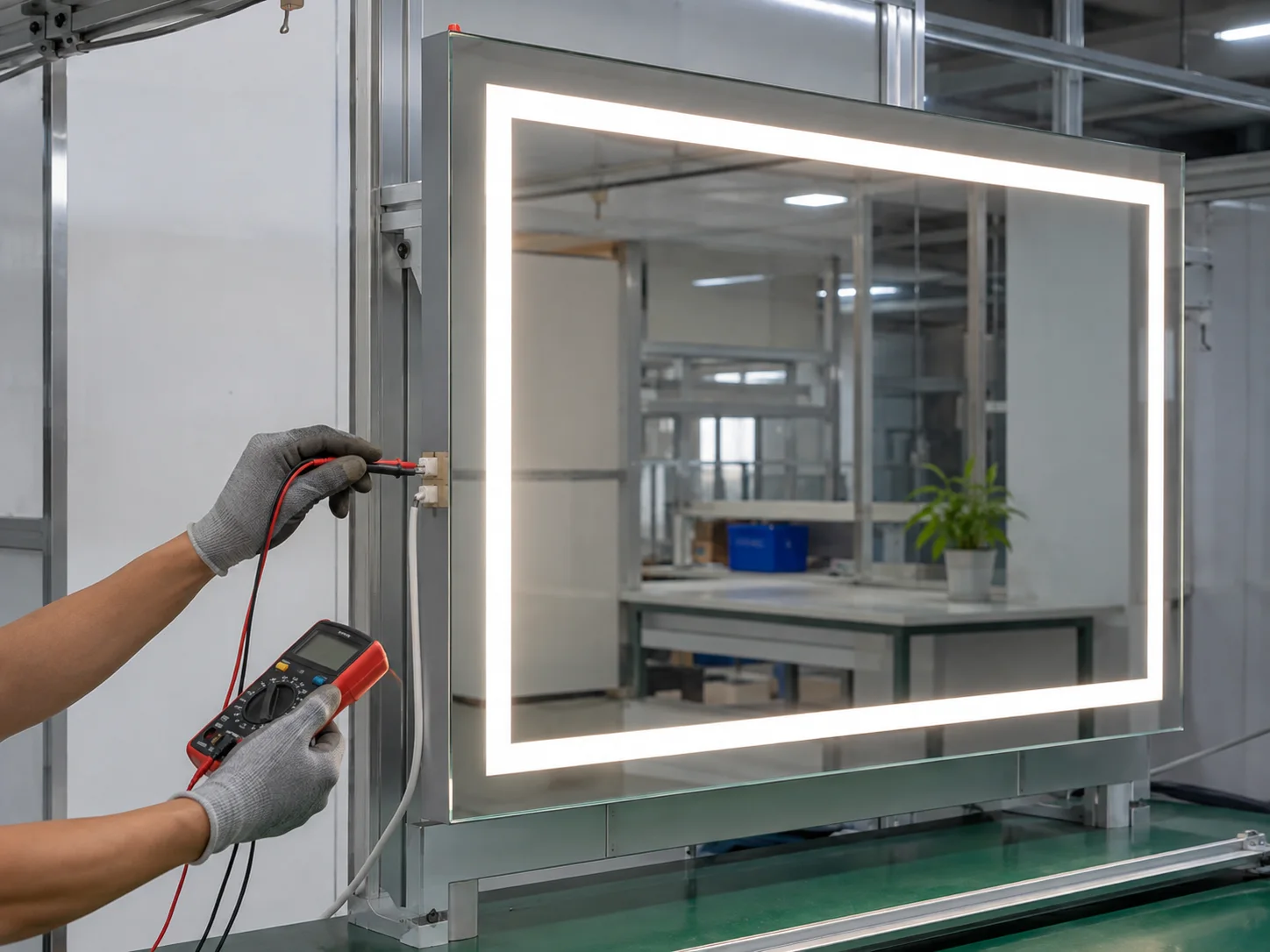 LED rectangular mirror undergoing assembly and electrical function testing