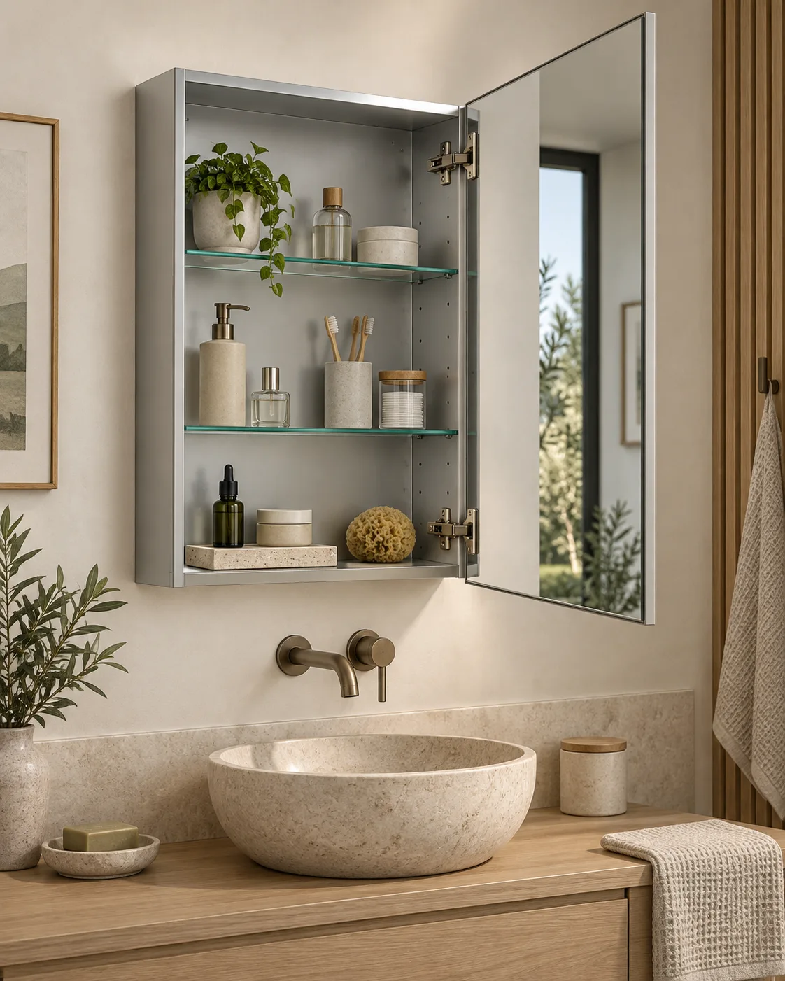 Open single-door mirrored cabinet showing glass shelves and storage depth