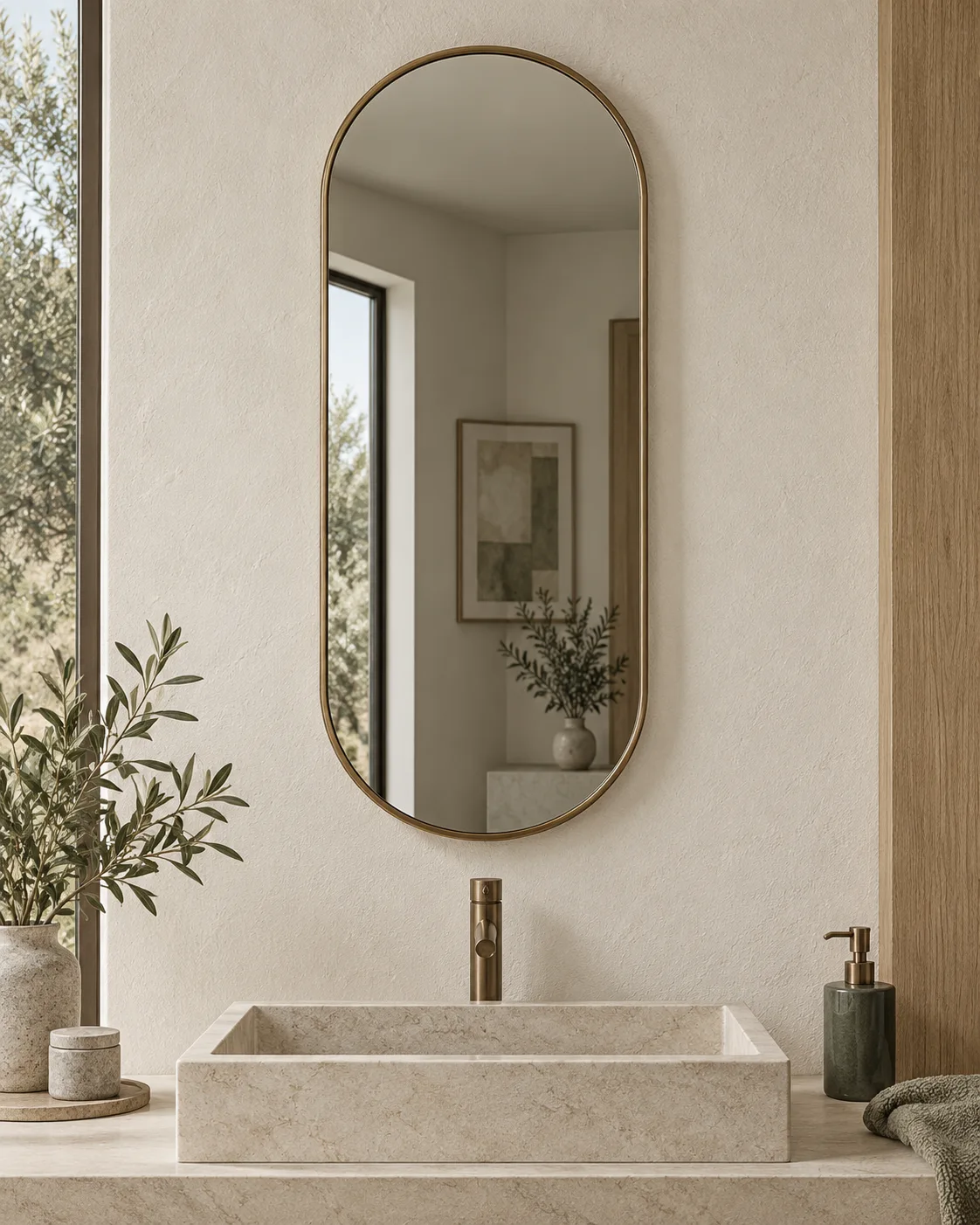 Pill-shaped non-lighted mirror showing its slender bronze metal frame