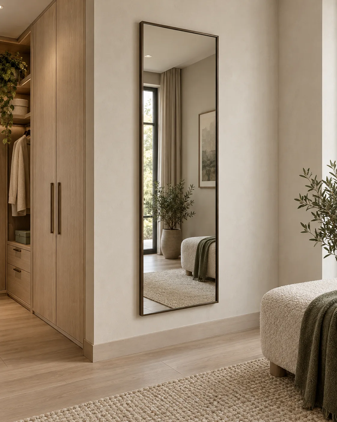 Complete dark bronze full-length wall mirror beside a residential wardrobe