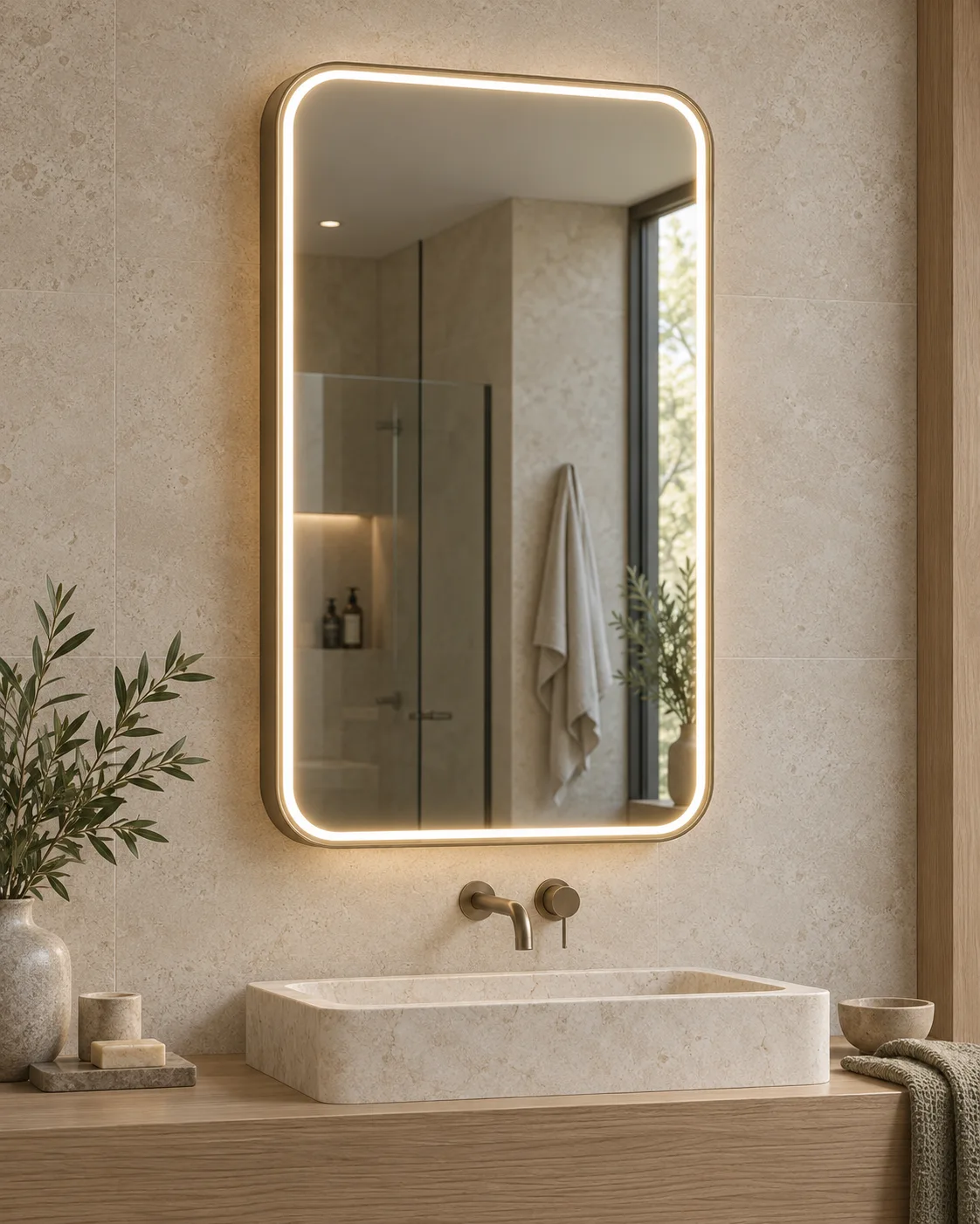 Complete rounded rectangular front-lit bathroom mirror above a stone basin