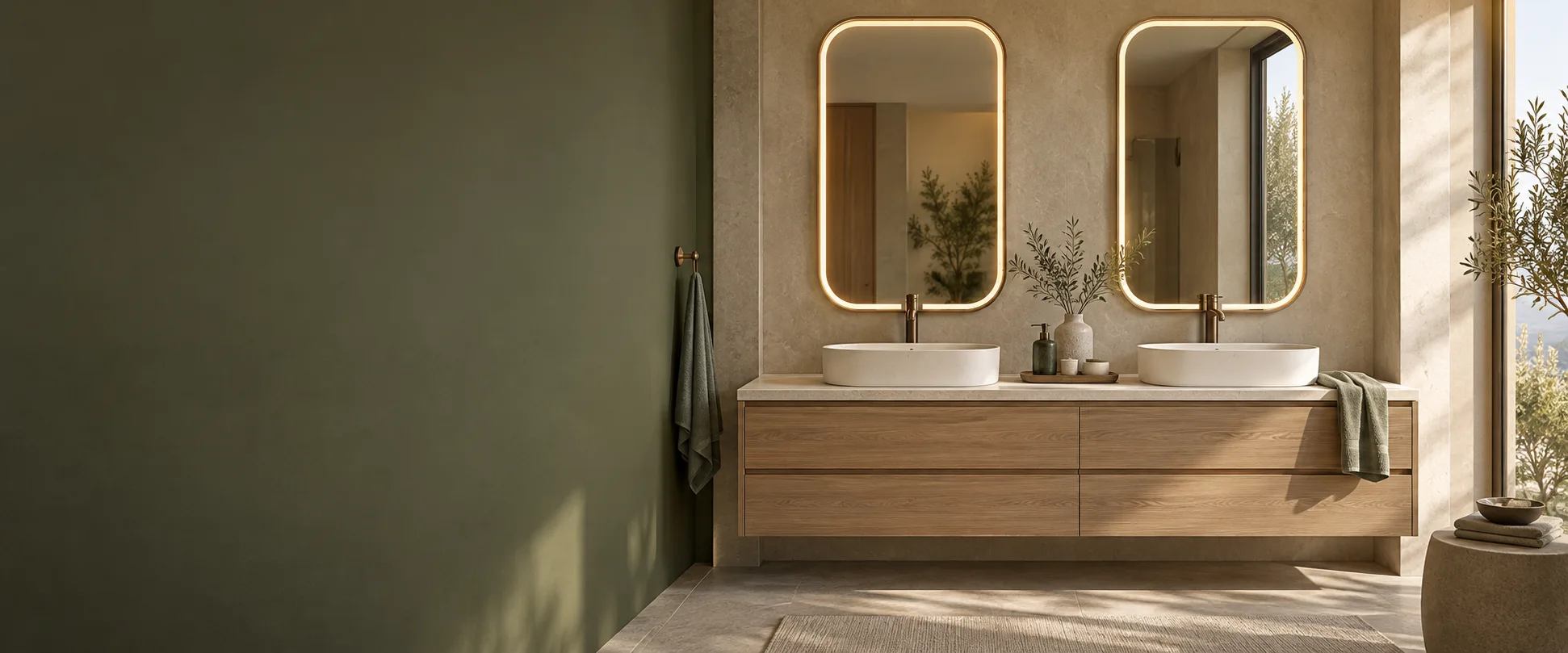 Design visualization of twin rounded LED mirrors above an oak double vanity in a warm residential bathroom