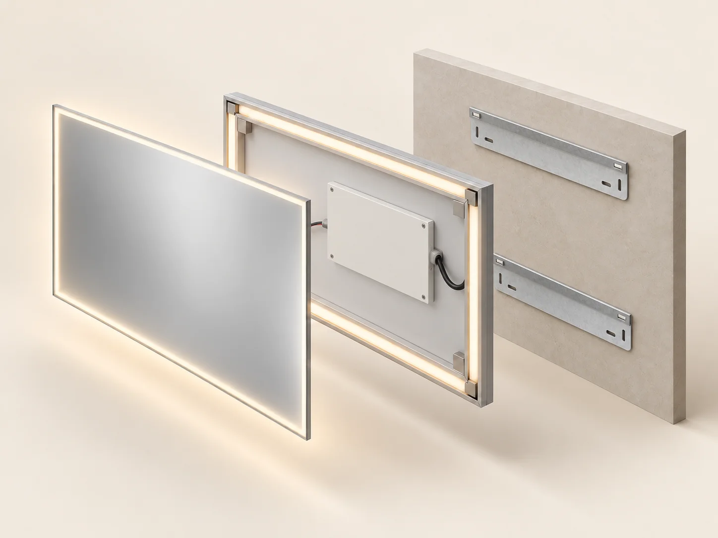 Conceptual exploded 3D view of mirror glass, illuminated rear assembly and wall mounting interface
