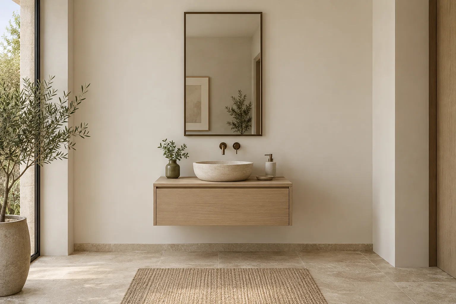 One vertical mirror centered above one basin on a single vanity