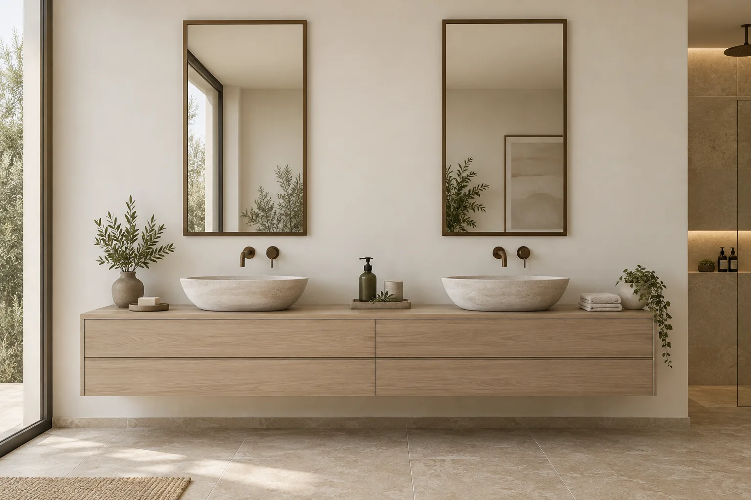 Two separate vertical mirrors centered over two basins on a double vanity