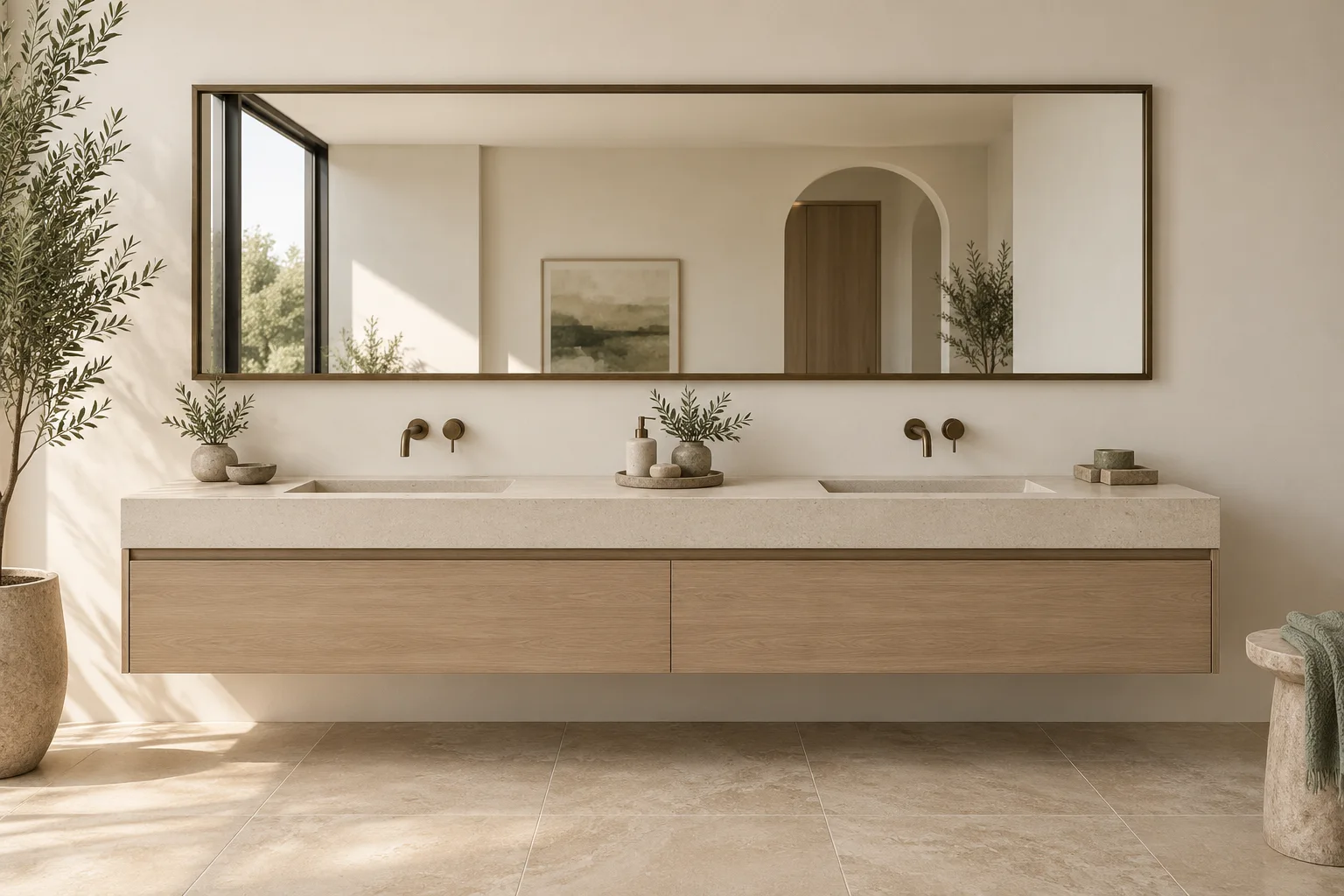One wide horizontal mirror spanning two basins on a double vanity