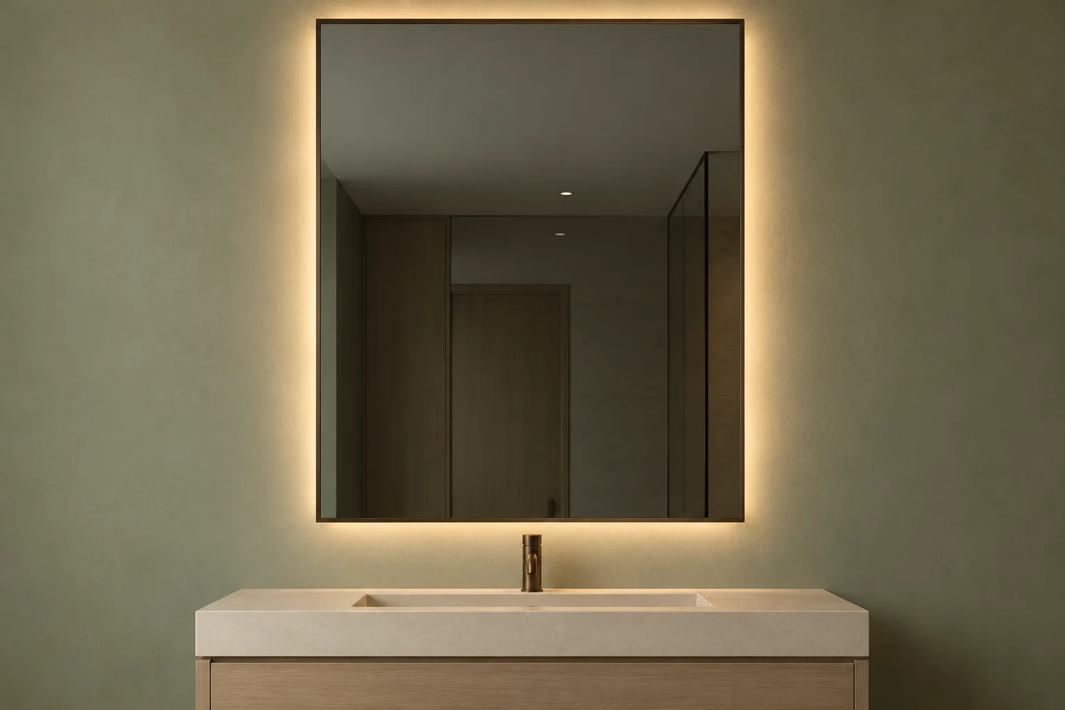 Backlight concept with a wall halo behind the mirror and no front light band