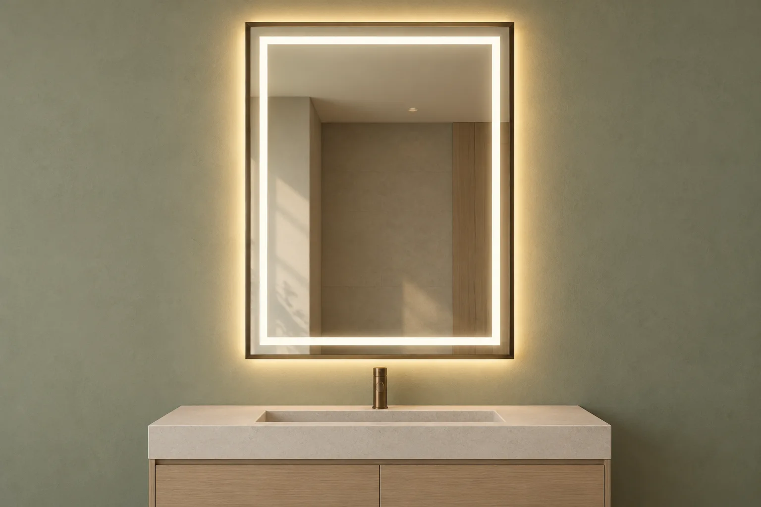 Combined-light concept with a luminous front band and a separate rear wall halo