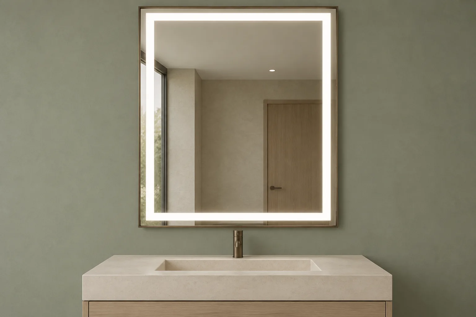 Front-light concept with a luminous band on the mirror face and no rear halo