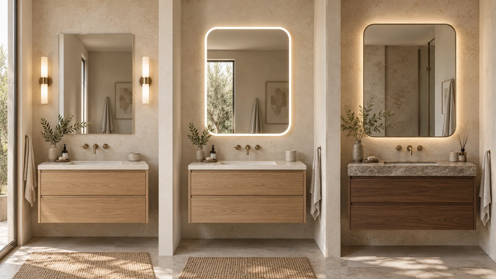 3D comparison of a frameless mirror, front-lit LED mirror and metal-framed backlit mirror in coordinated apartment bathrooms
