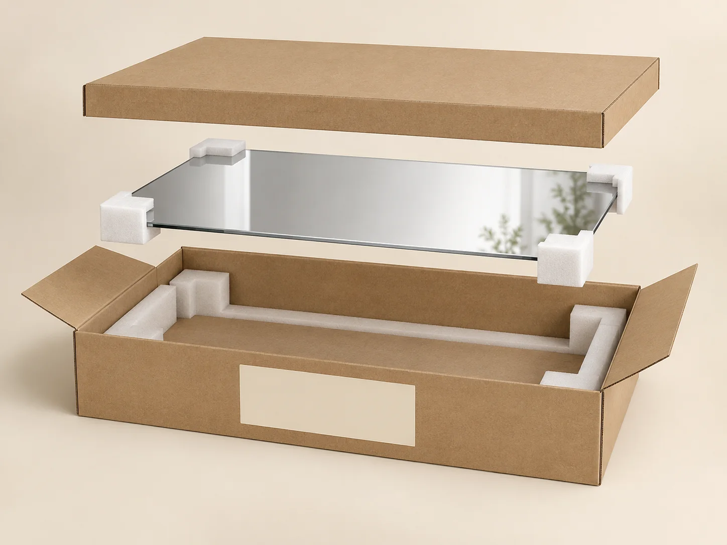 3D packaging concept showing a rectangular mirror, protective corner inserts, carton and separate lid