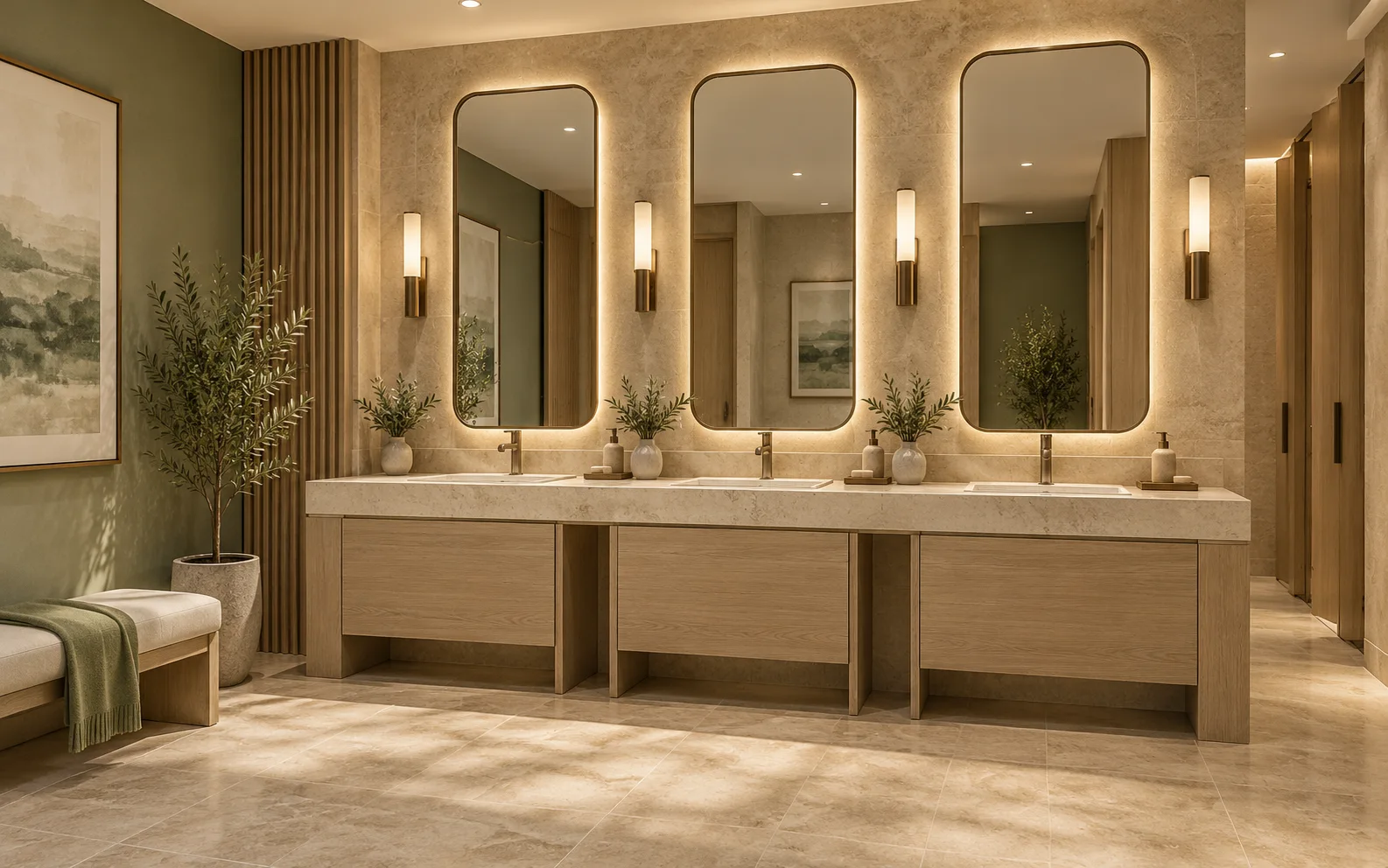 Three illuminated mirrors over three basins in a shared resident washroom