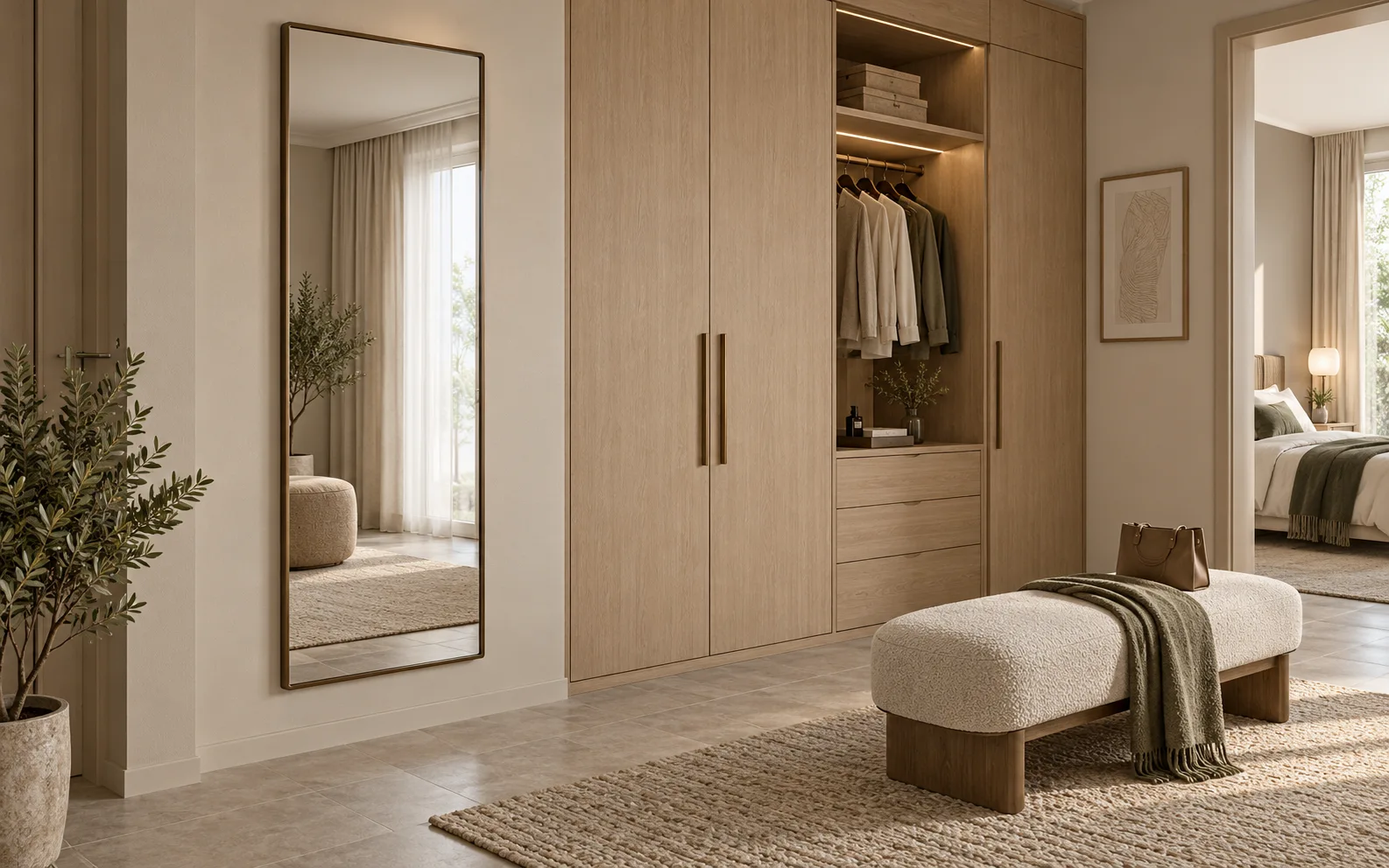 Full-length wall mirror beside an oak wardrobe with clear standing space