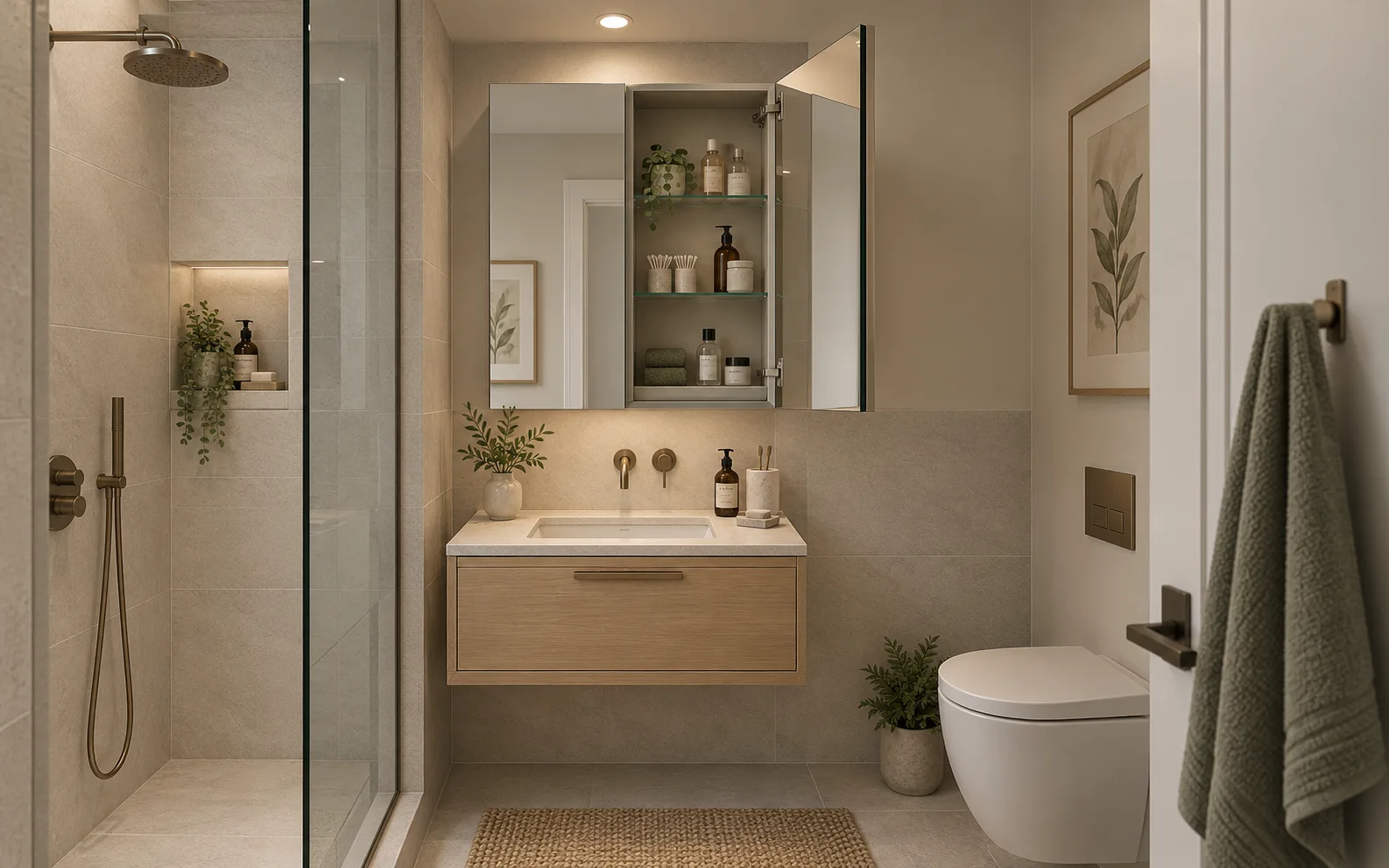 Open mirrored cabinet and compact vanity in a small apartment ensuite