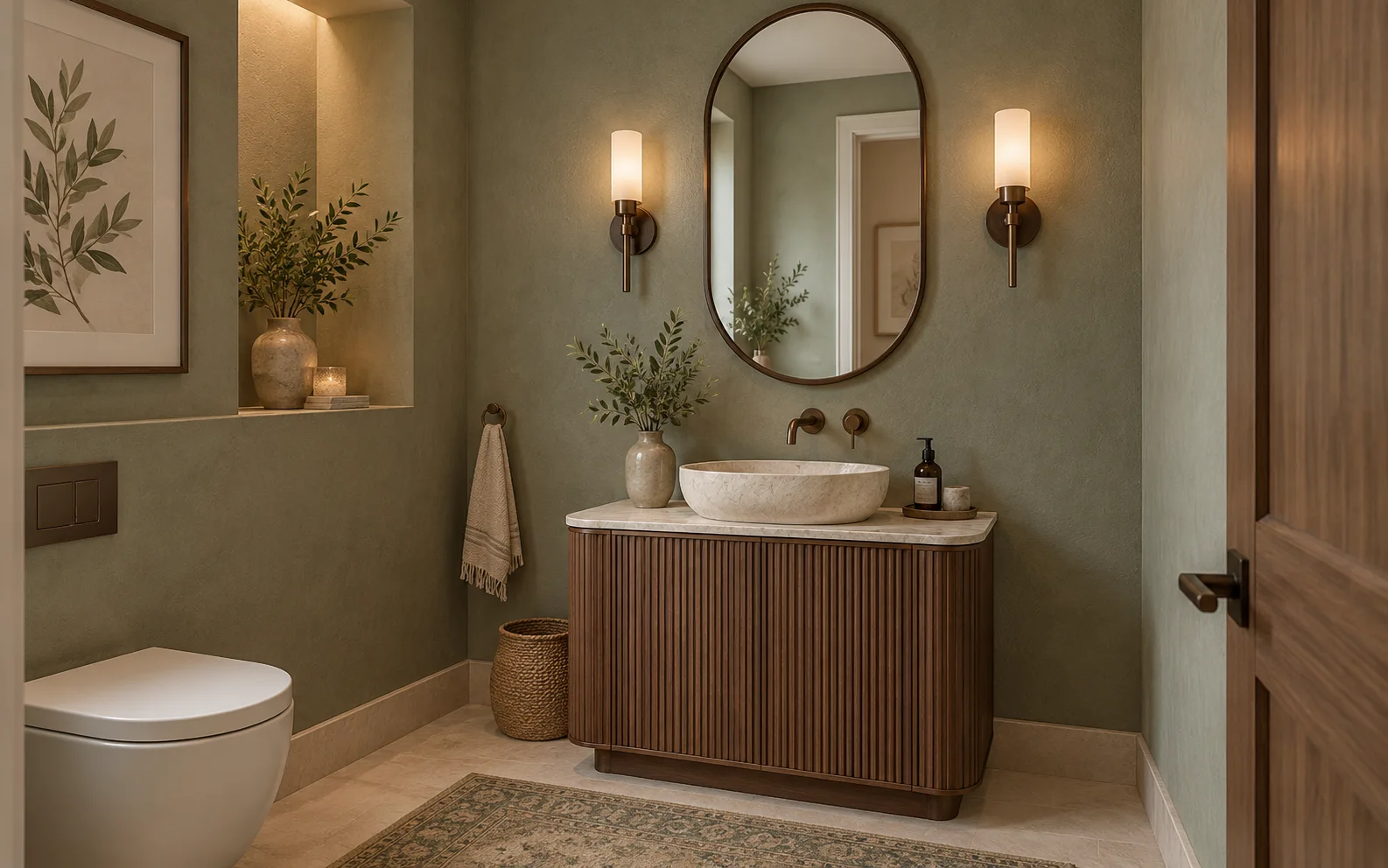 Oval bronze framed mirror above a walnut vanity in a guest powder room