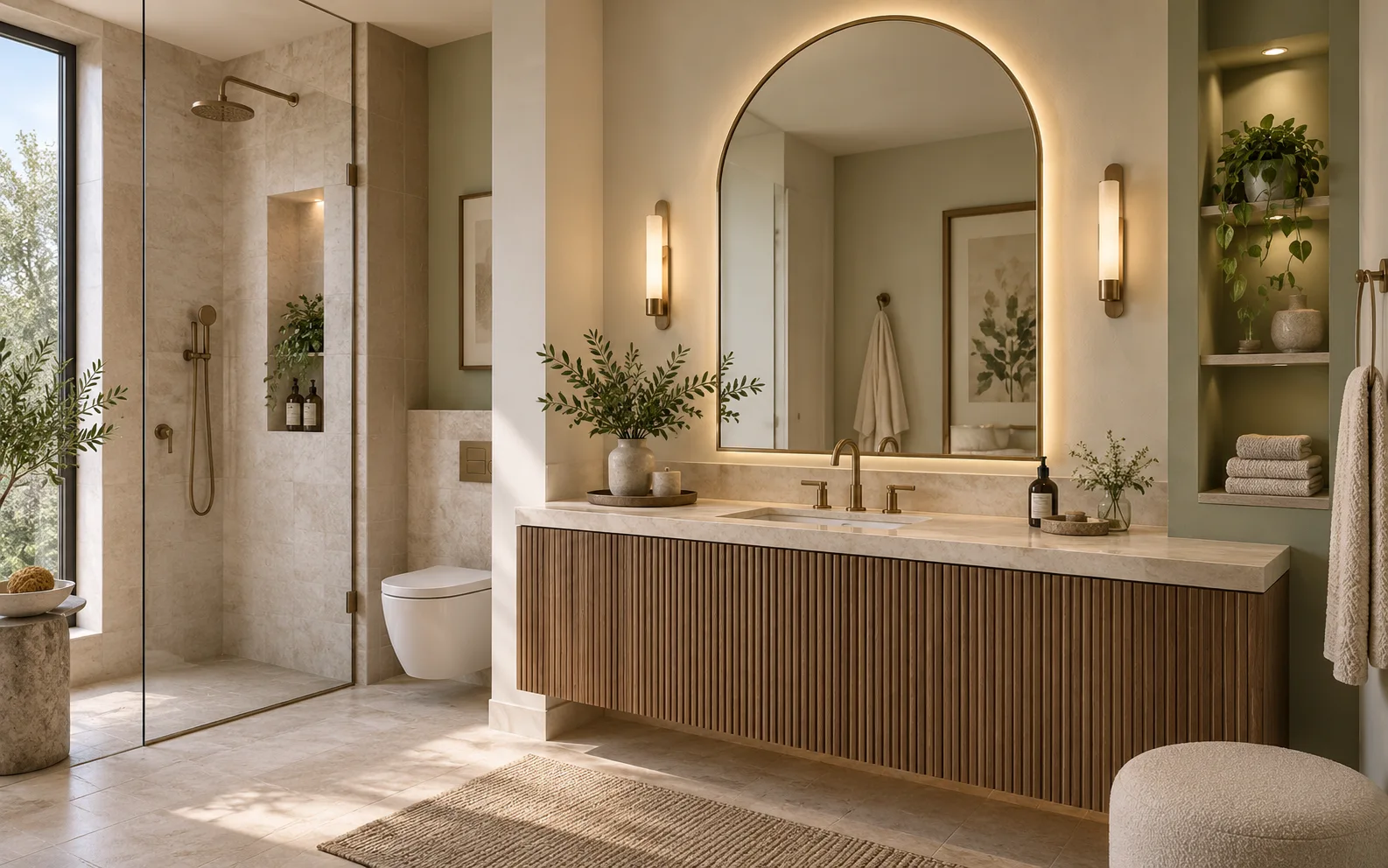 Arch-top illuminated mirror and fluted walnut vanity in a premium residence concept
