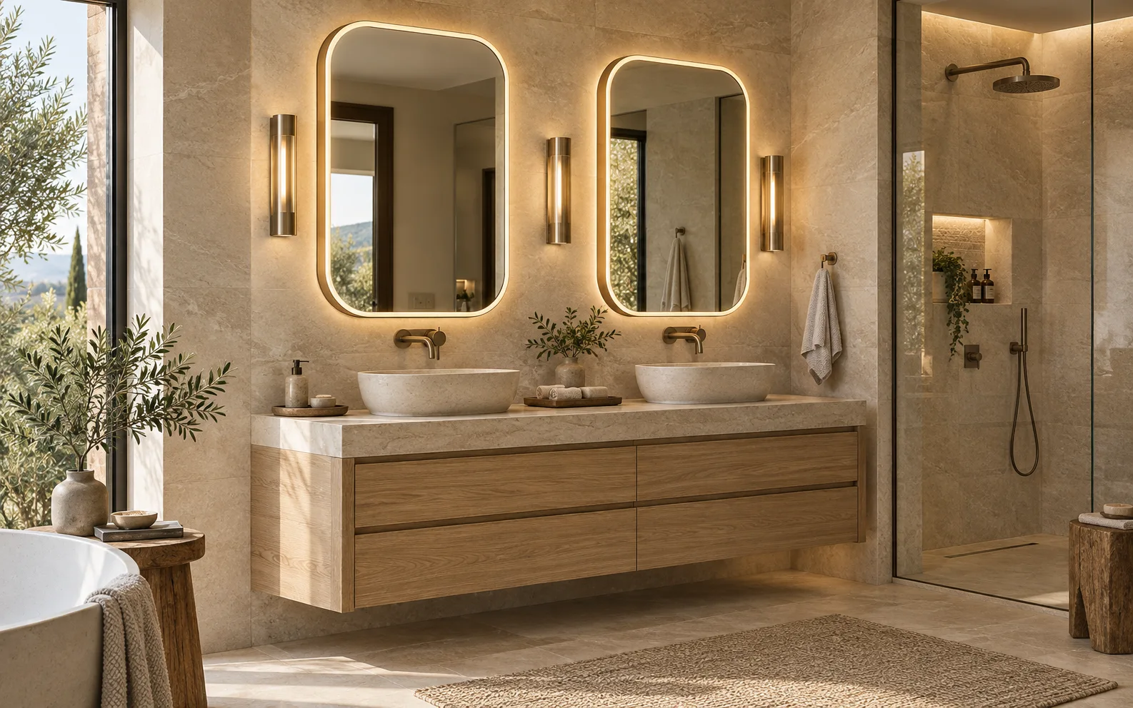 Twin rounded illuminated mirrors above two basins in a warm residential primary bathroom