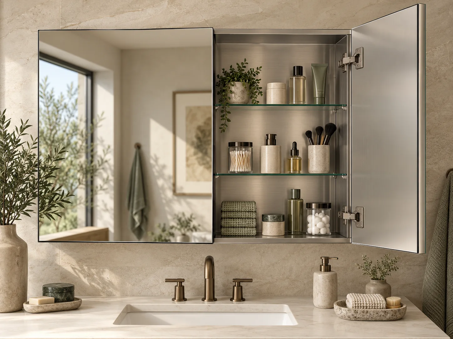 Two-door mirrored cabinet with the right door open to reveal shelves and hinges